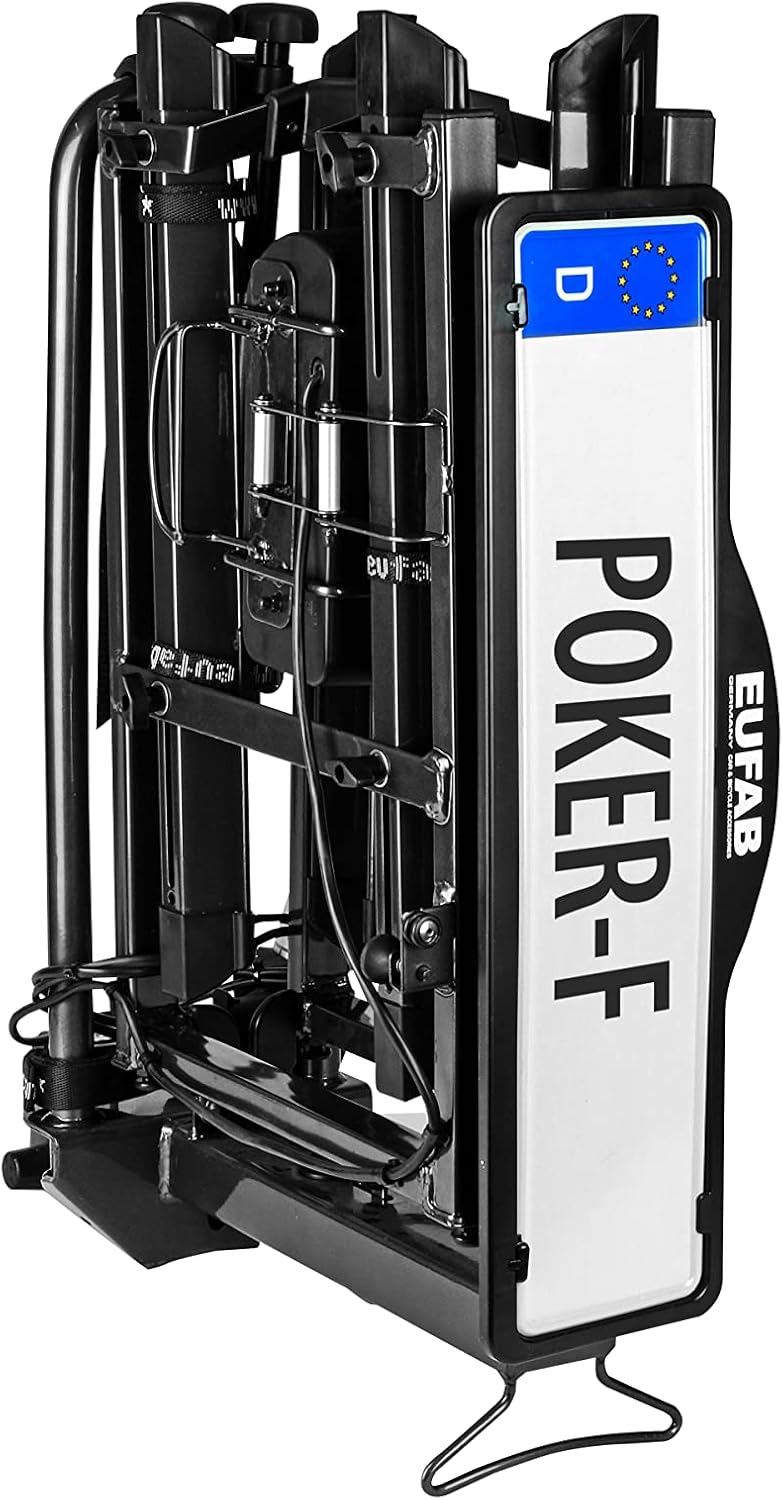 EUFAB 12010LAS fietsendrager POKER-F, geschikt voor e-bike, volledig voorgemonteerd, diefstalbeveiliging, voor 2 fietsen, voor trekhaak, zwart, 142 x 70 x 58 cm