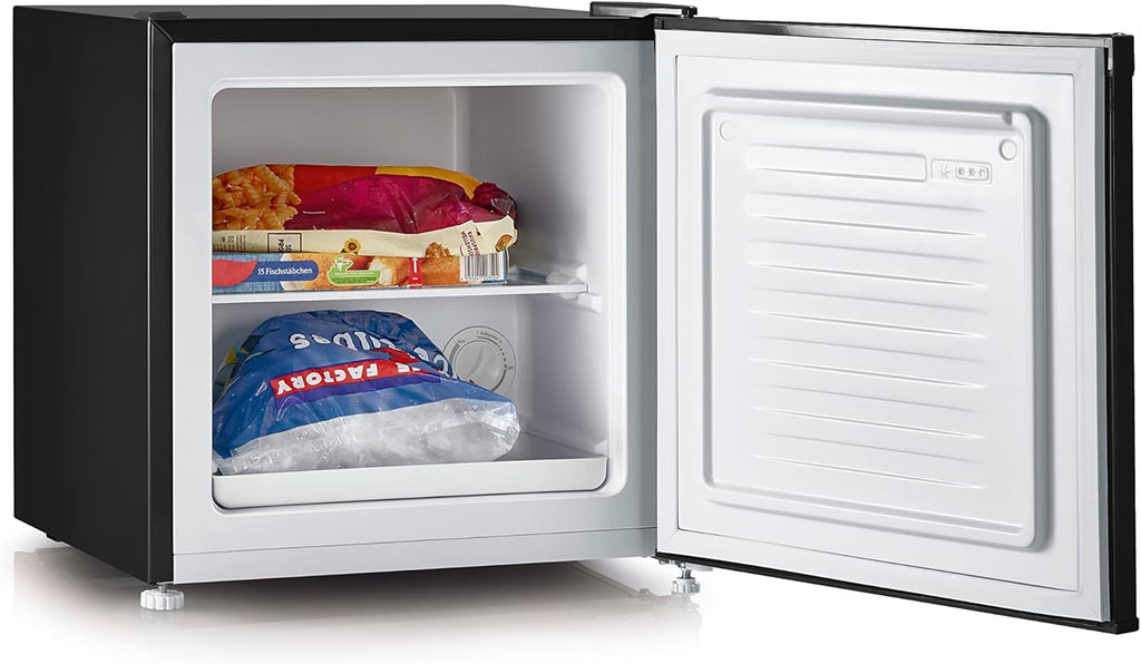 SEVERIN Retro minikoelkast met vriesvak (31 l), kleine vriezer, minikoelkast met flexibele temperatuurregeling, tafelmodel koelkast, zwart, GB 8880