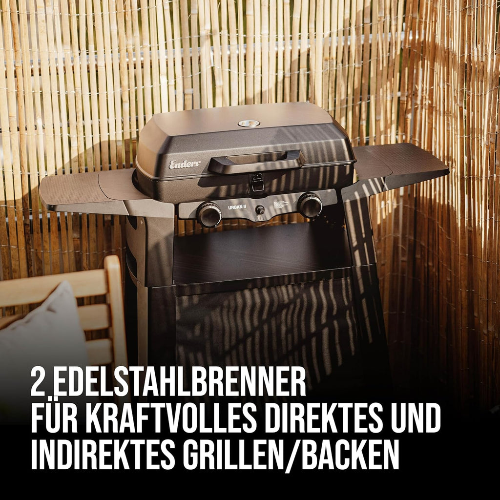 Enders Gasbarbecue Urban II Pro, tafelbarbecue, grill-, kook- en bakfunctie, 2 branders RVS, met grillthermometer, balkon-, campingbarbecue, gegoten aluminium behuizing, gietijzeren rooster, #2062