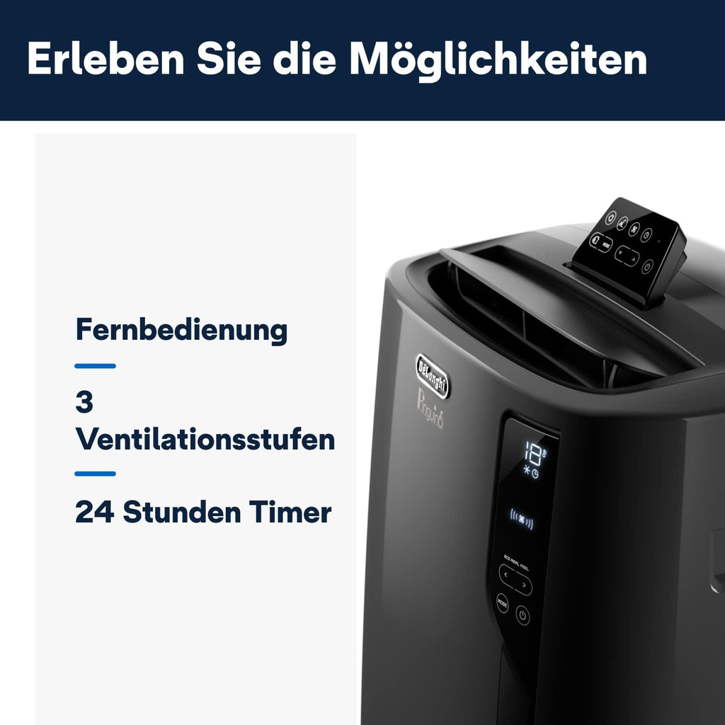 De'Longhi Pinguino PAC EL112 CST mobiele airconditioner met afvoerslang, airconditioning voor ruimtes tot 110 m³, luchtontvochtiger, ventilatiefunctie, 24-uurs timer, zwart