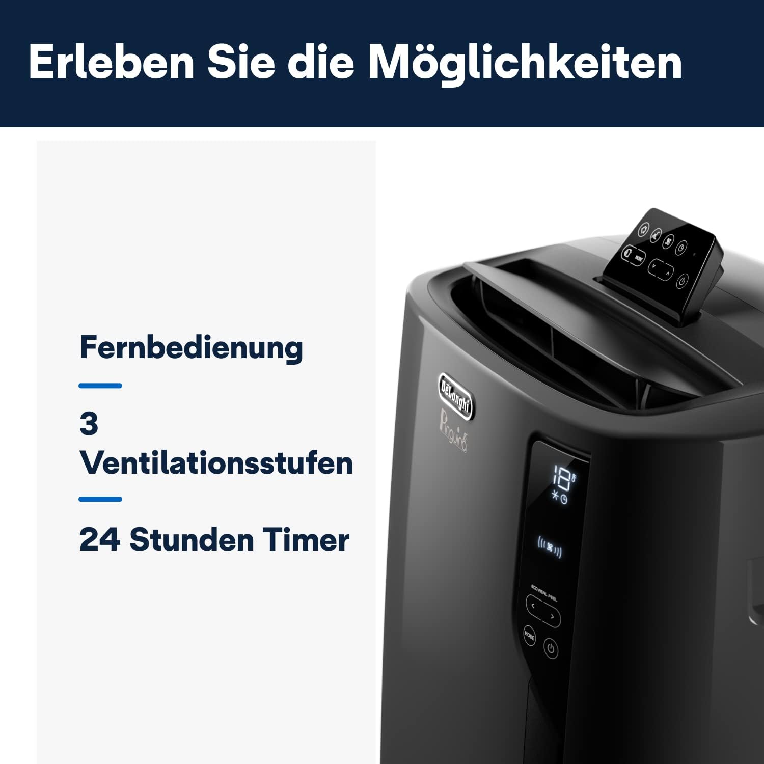 De'Longhi Pinguino PAC EL112 CST mobiele airconditioner met afvoerslang, airconditioning voor ruimtes tot 110 m³, luchtontvochtiger, ventilatiefunctie, 24-uurs timer, zwart
