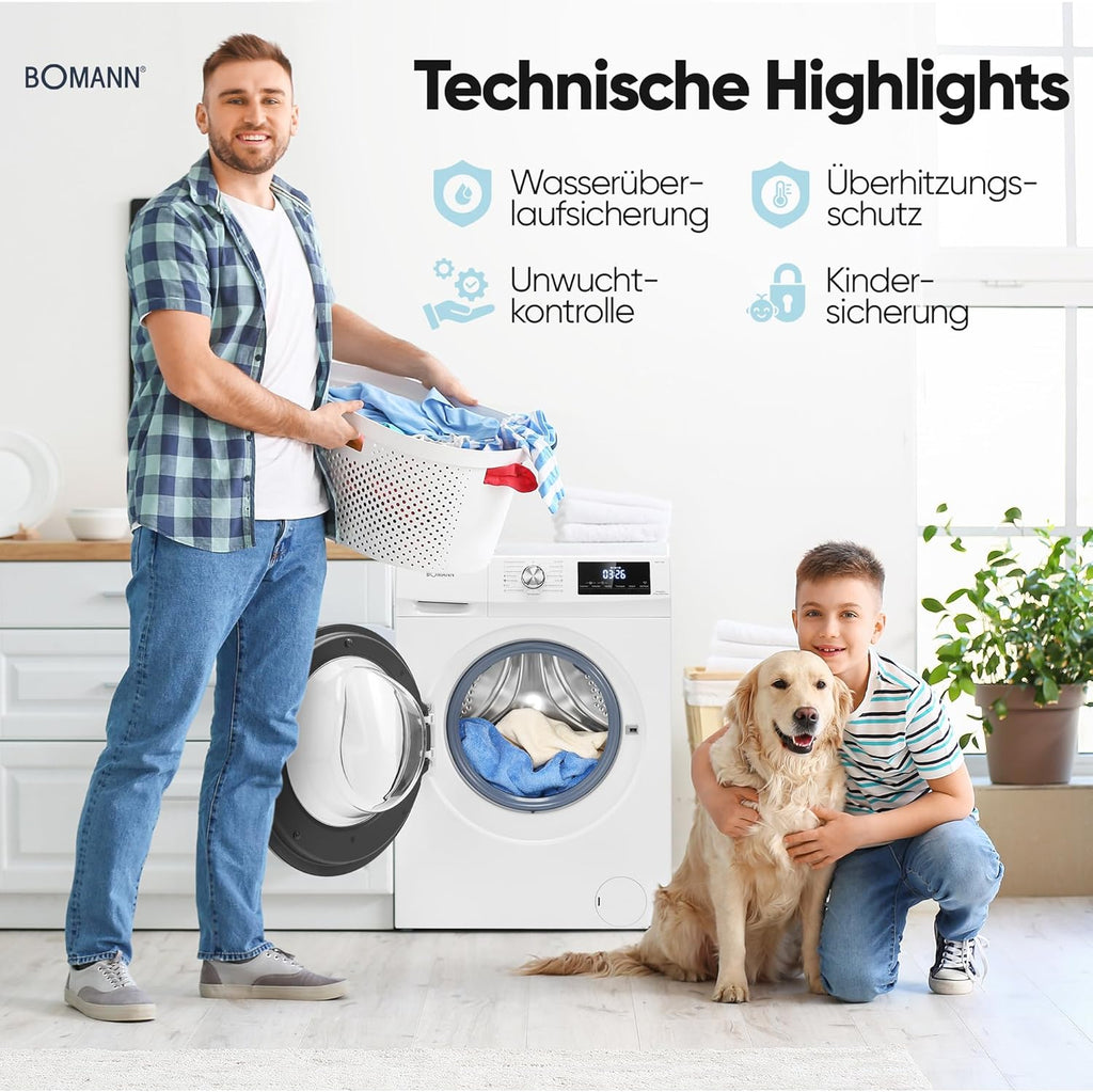 Bomann® Wasdroogcombinatie | Wassen en drogen in één cyclus | 8 kg wassen, 5 kg drogen | Inverter motor | 1400 tpm | Stoomfunctie | Geïntegreerde wasmachine met droger | WAT 7186 wit