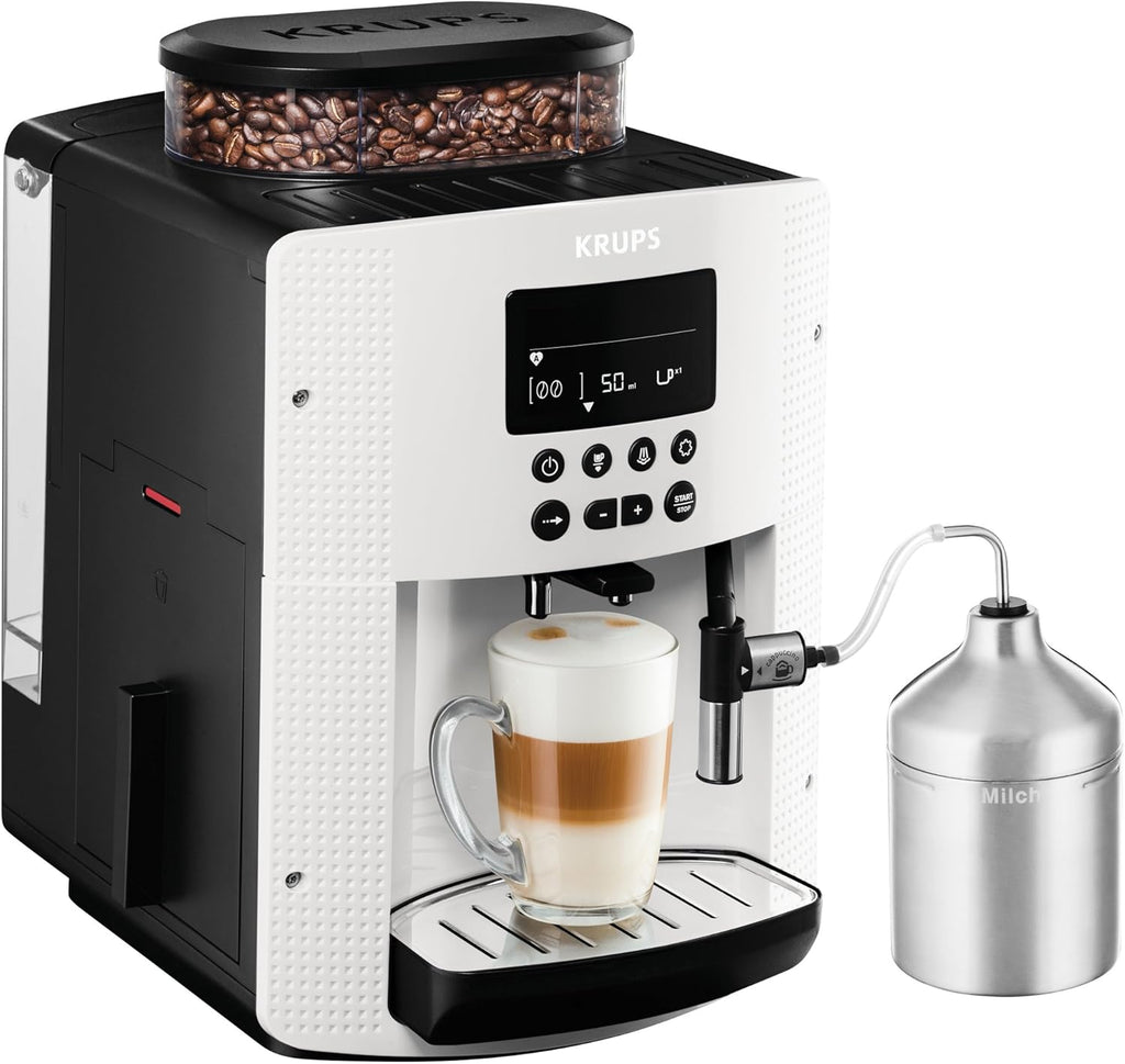 Krups Essential volautomatische espressomachine met melkslang, 2-kopsfunctie, LCD-display, eenvoudige reiniging, koffiezetapparaat, TÜV-keurmerk, zwart, EA816031
