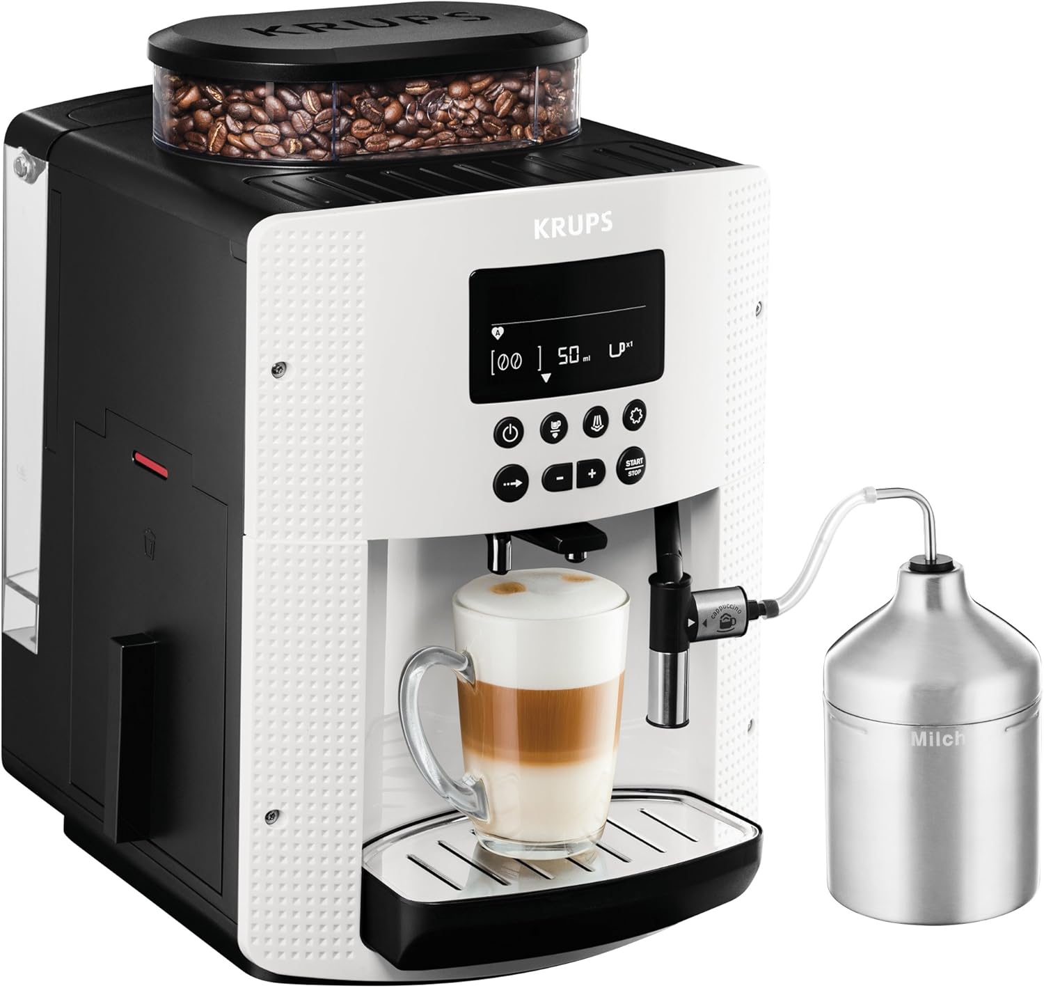 Krups Essential volautomatische espressomachine met melkslang, 2-kopsfunctie, LCD-display, eenvoudige reiniging, koffiezetapparaat, TÜV-keurmerk, zwart, EA816031