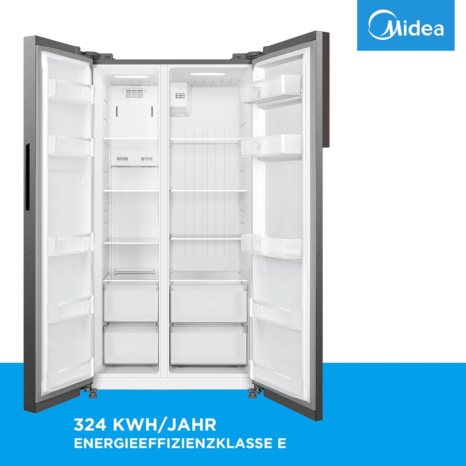 Midea KS-DDX 6.32 WT Amerikaanse koelkast/178,8 cm hoogte/254 kWh/jaar/No Frost/Dual Inverter Compressor/met 3-in-1 water-/ijsdispenser en watertank, Dark Inox