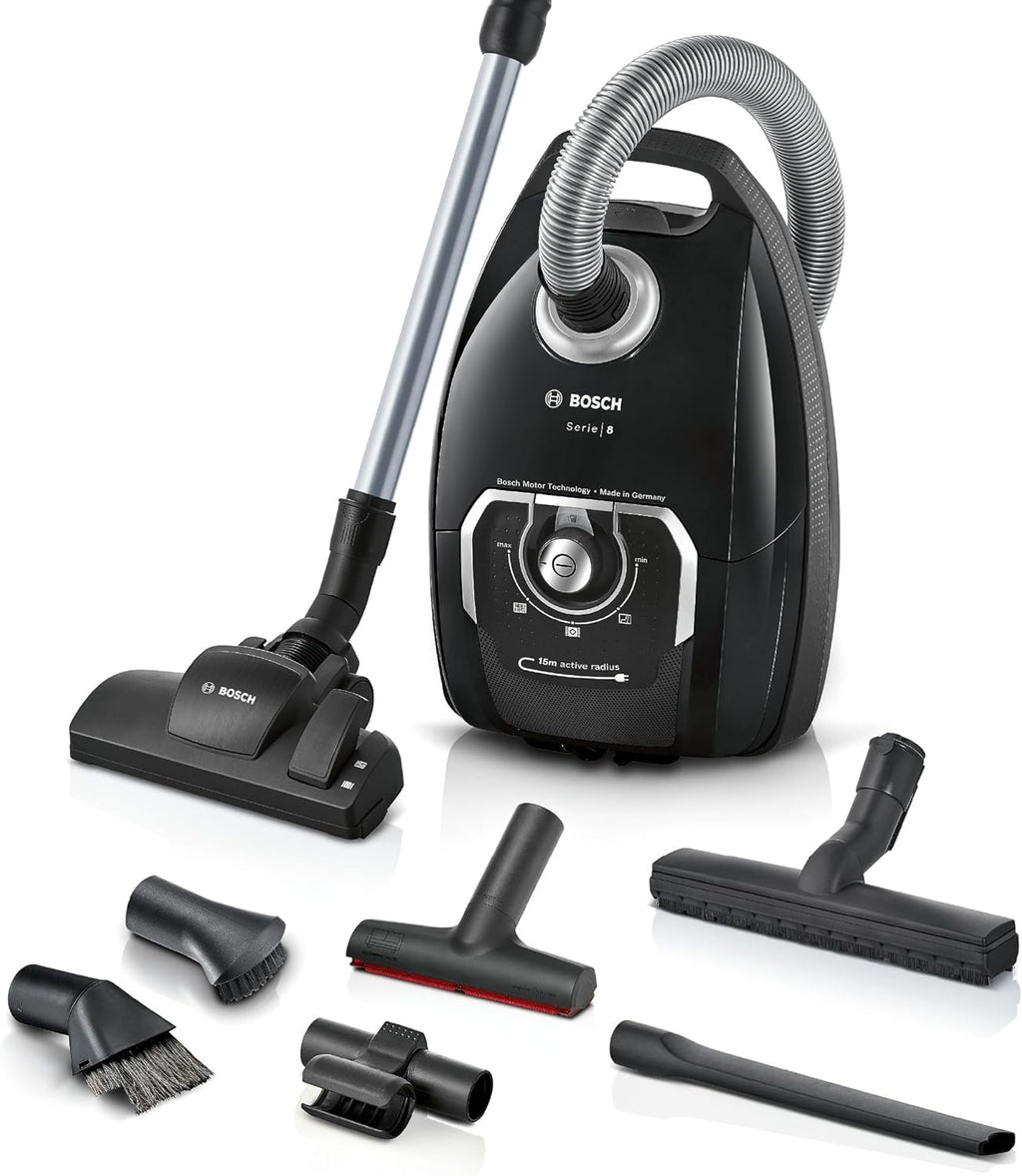 Bosch Stofzuiger met zak Serie 8 BGB75X494, sledestofzuiger, ideaal voor mensen met allergieën, hygiënefilter, vloermondstuk voor parket, tapijt, tegels, lange kabel, stil, 650 W, blauw