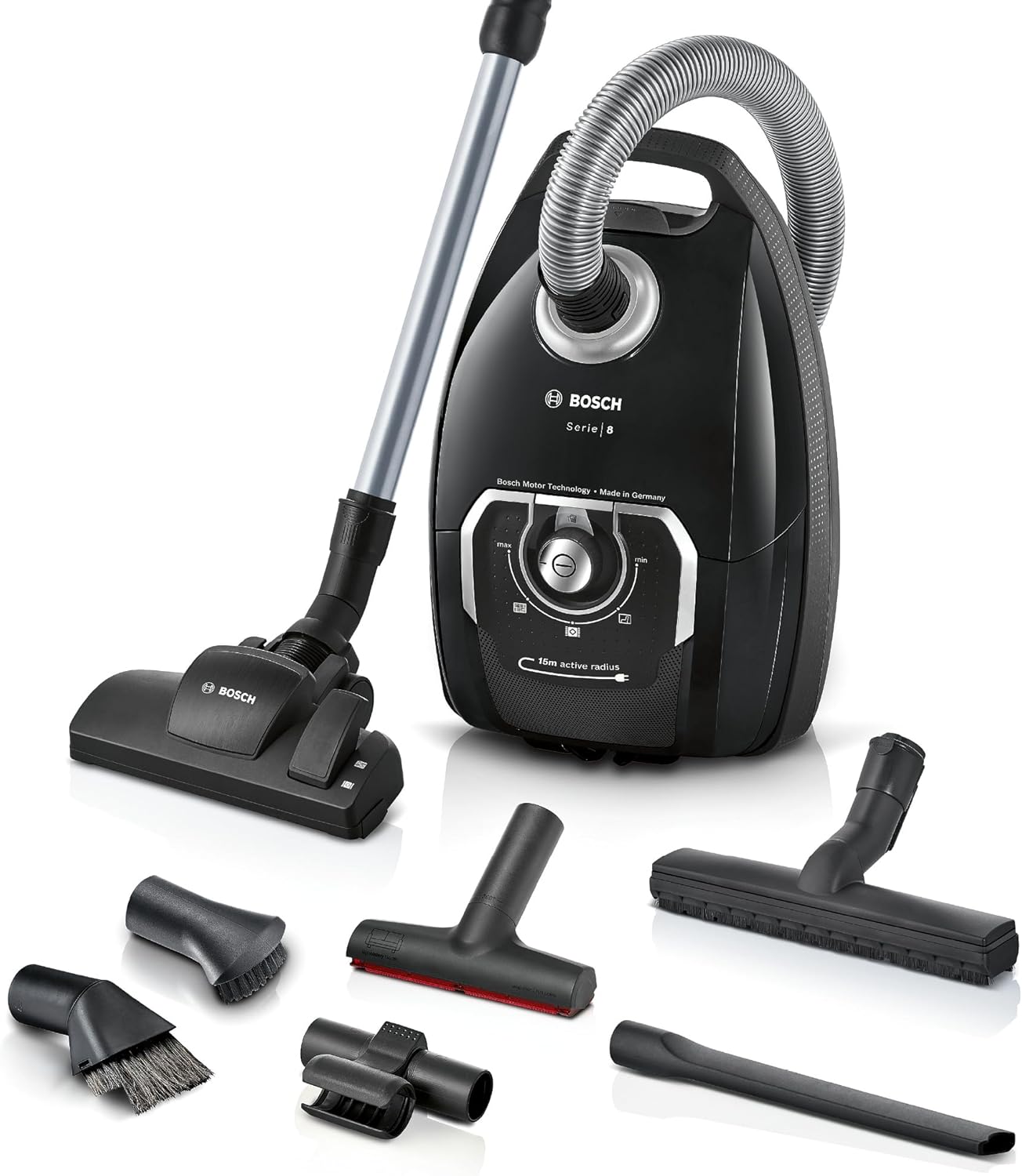 Bosch Stofzuiger met zak Serie 8 BGB75X494, sledestofzuiger, ideaal voor mensen met allergieën, hygiënefilter, vloermondstuk voor parket, tapijt, tegels, lange kabel, stil, 650 W, blauw