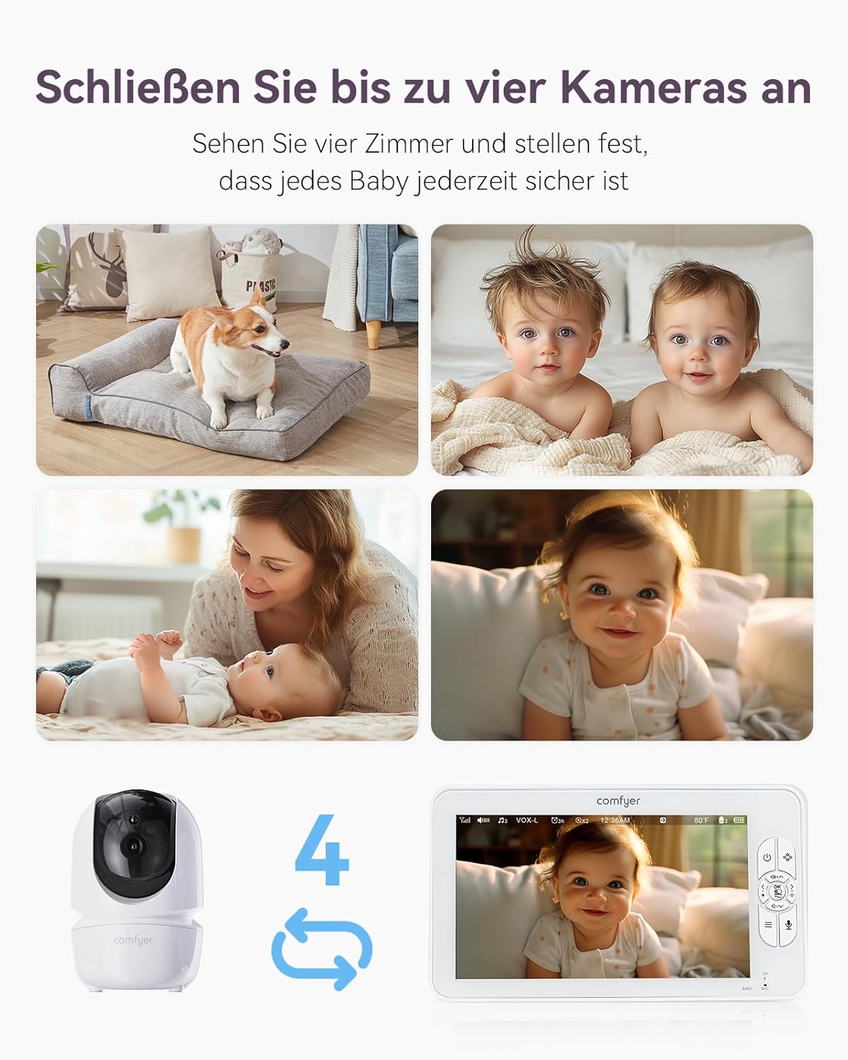 Comfyer Split-Screen Babyfoon met 2 Camera's, 7" HD 720P Videobabyfoon zonder wifi met Beugel, IR-Nachtzicht Groothoeklens Vox-modus 2-Weg Audio 292m Bereik Video Surveillance Apparaten