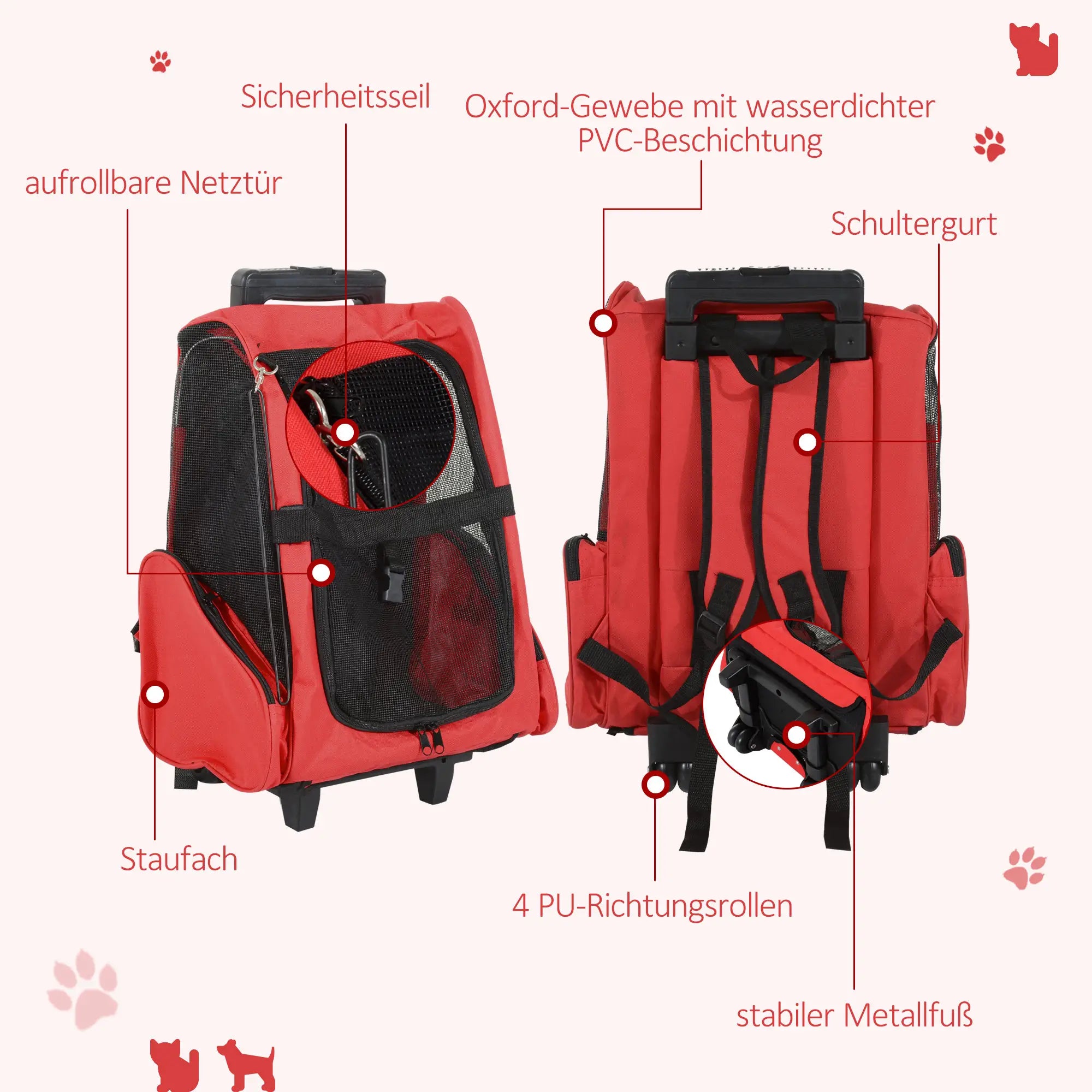 PawHut Hondentrolley Draagtas 2-in-1 Rugzak met Wielen in hoogte verstelbaar