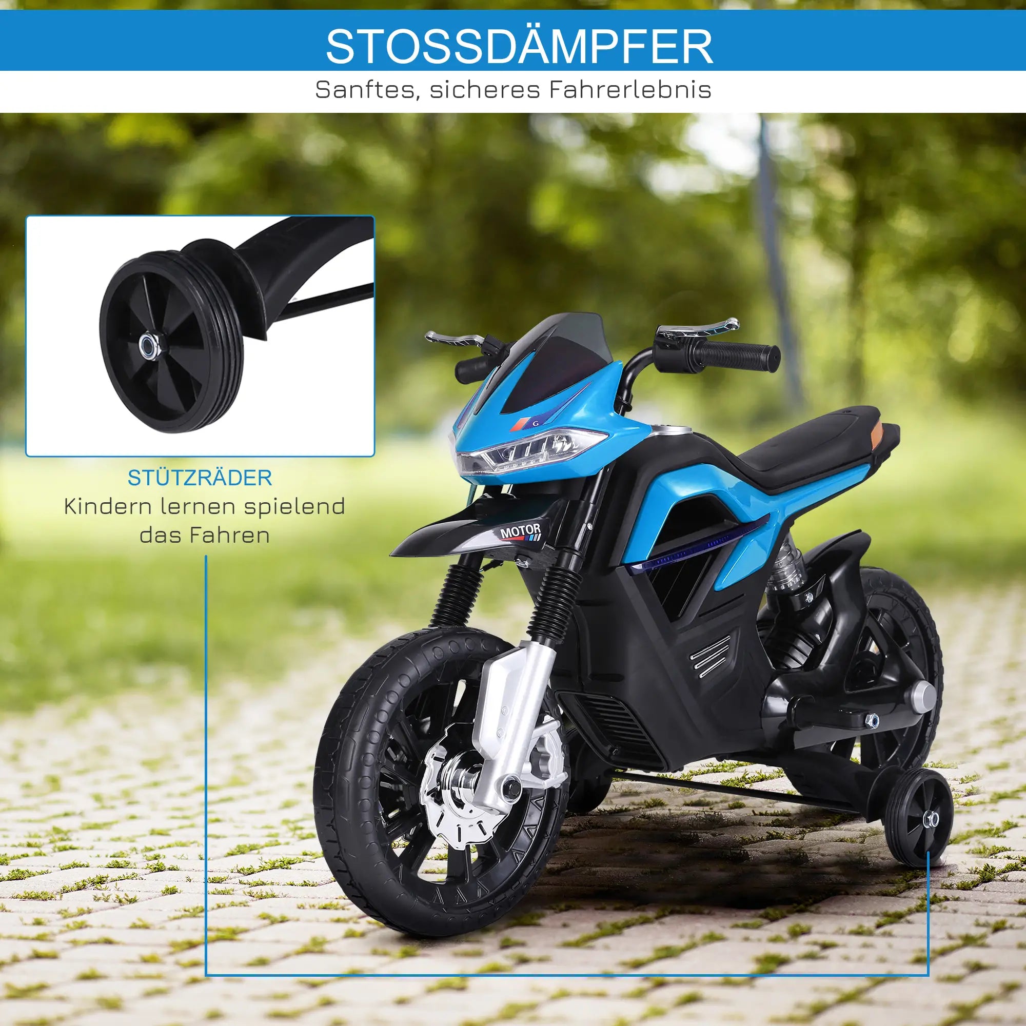 HOMCOM Kindermotorfiets Elektrisch voertuig met licht, muziek en zijwieltjes Blauw