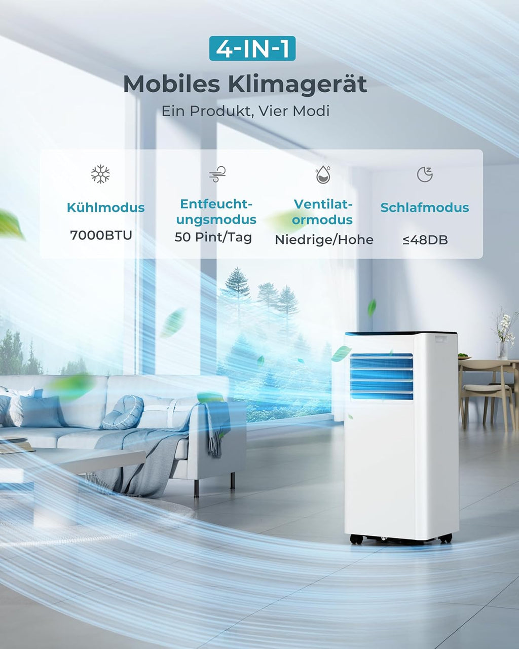 Mobiele airco 9000 BTU met afvoerslang | 4-in-1 Mobiele airconditioner | Stille werking
