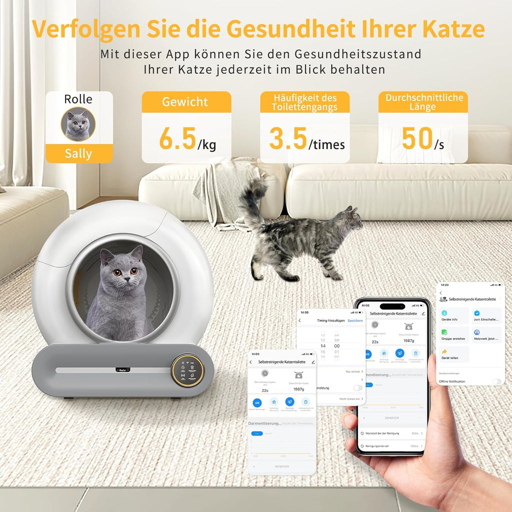 Zelfreinigende kattenbak Groot XXL 68L, Automatische kattenbak met afvalzakken, Lage instap met APP-bediening Elektrische kattenbak, voor 2 katten Zelfreinigende kattenbak