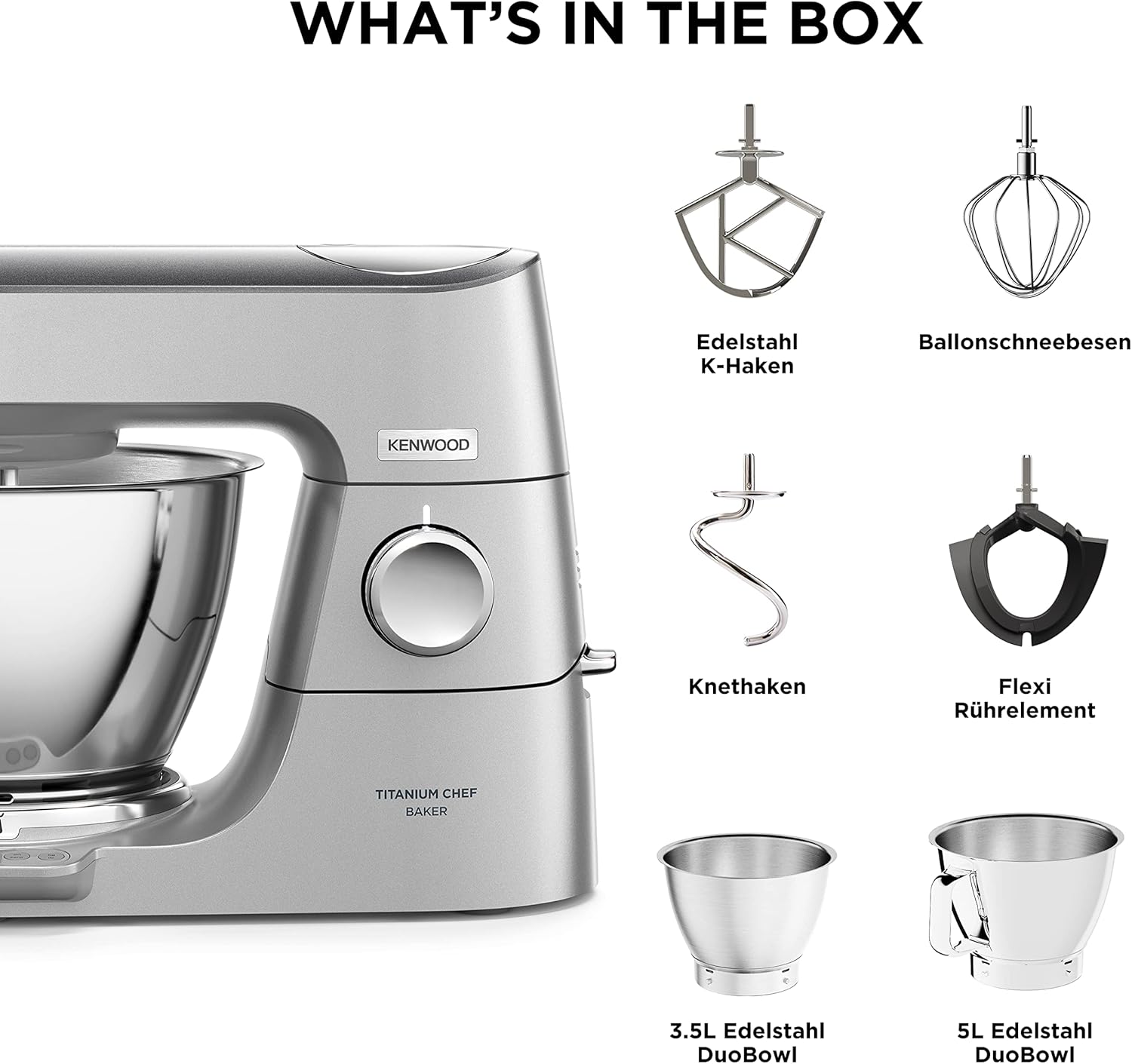 Kenwood Titanium Chef Baker KVL85.424SI Keukenmachine met geïntegreerde weegschaal, incl. 4-delige patisserie set, 7 L en 5 L mengkom, traploze snelheidsregeling, 1200 W, zilver