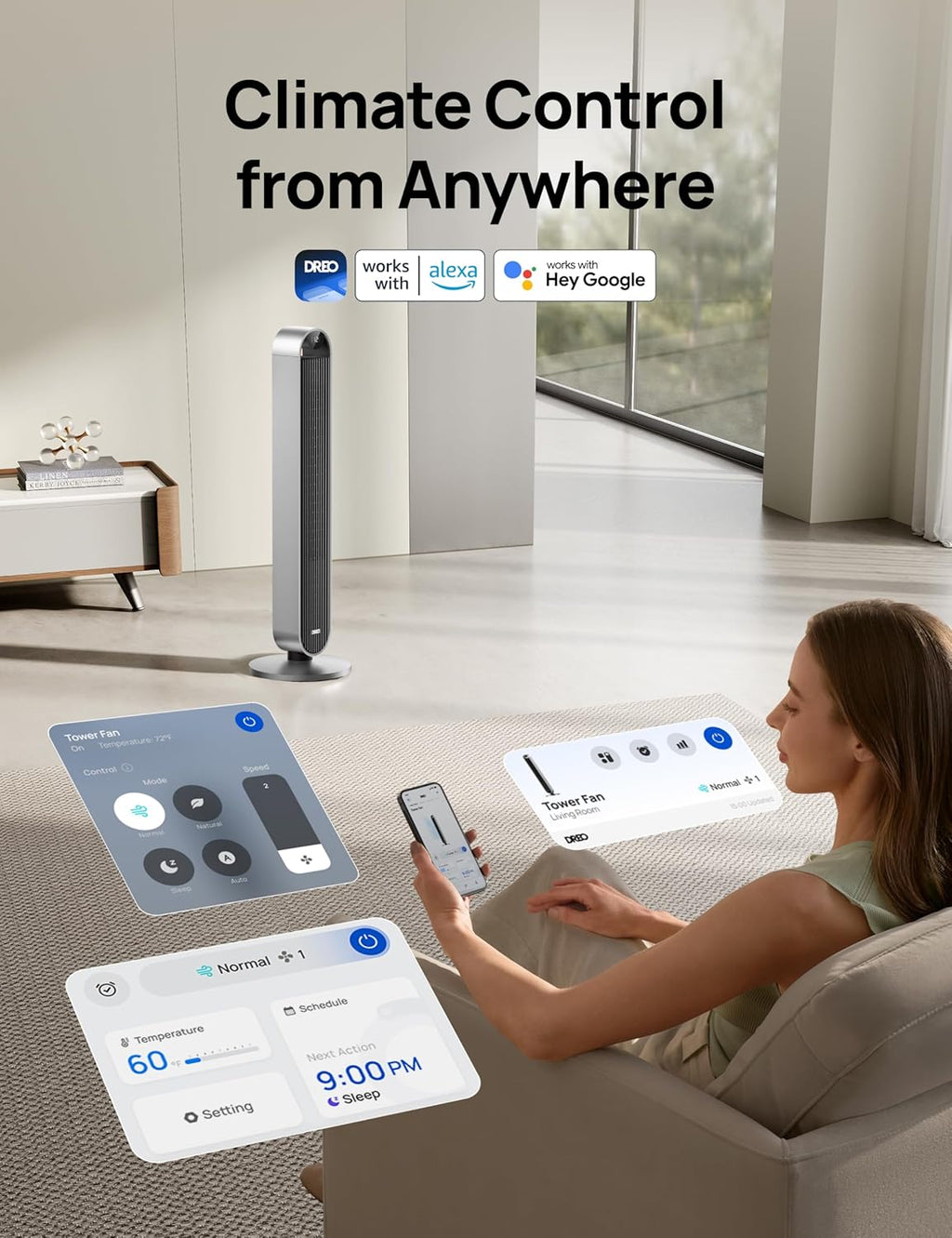 Dreo 25dB Stille Slimme Torenventilator met Spraakbesturing, WiFi Alexa Ventilator, APP Bediening, 120° Oscillerende Staande Ventilator, 12 Snelheden, 4 Modi, 12-uurs Timer, Pilot Max S