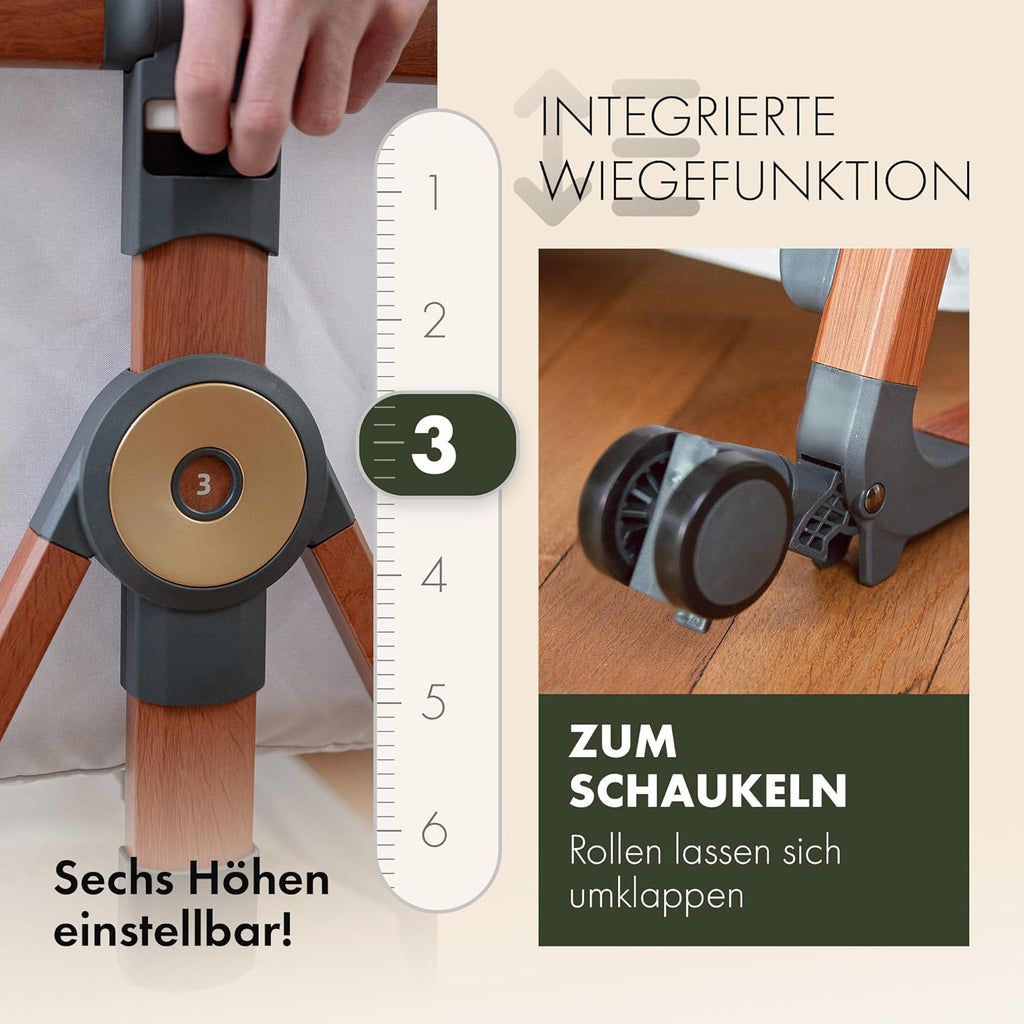 KUNU nieuw baby-co-sleeper - Van ouders voor ouders - Scandinavisch design - Verrijdbaar & schommelfunctie - In hoogte verstelbaar - Baby-geoptimaliseerd matras - incl. reistas