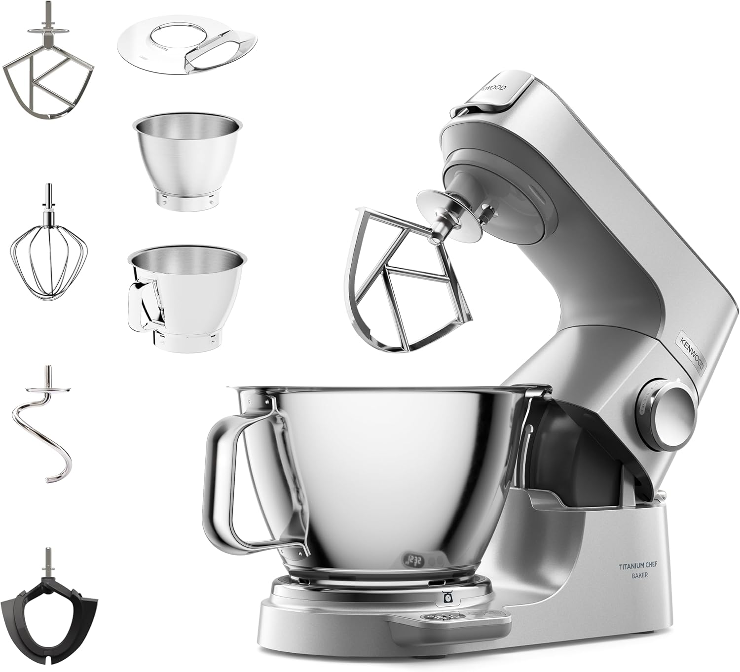 Kenwood Titanium Chef Baker KVL85.424SI Keukenmachine met geïntegreerde weegschaal, incl. 4-delige patisserie set, 7 L en 5 L mengkom, traploze snelheidsregeling, 1200 W, zilver