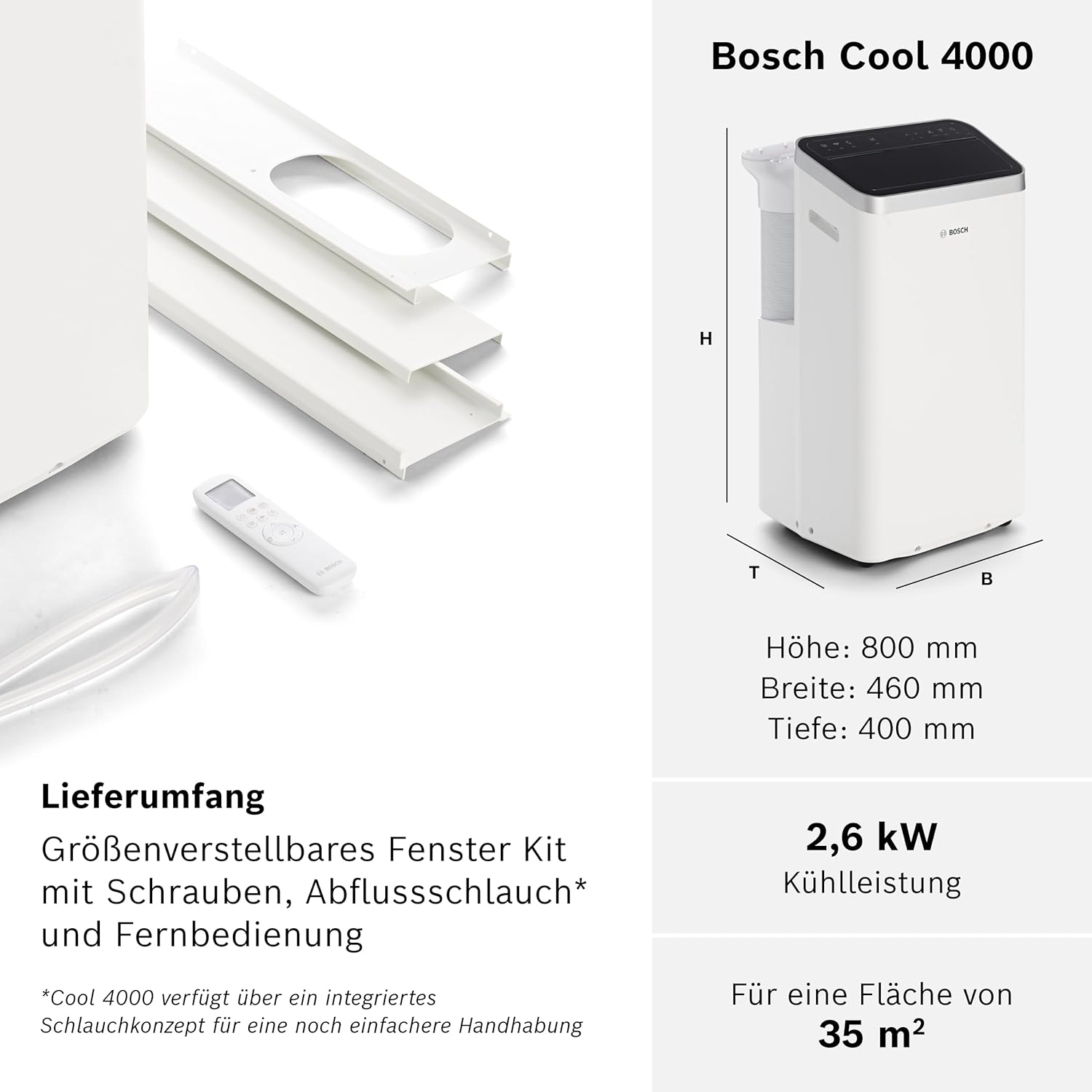 Bosch Cool 4000 Mobiele airconditioner - 3-in-1: Airconditioner, ontvochtiger, ventilator - 2,6 kW voor ruimtes tot 35 m² - Met automatische modus, stille modus & slaapmodus