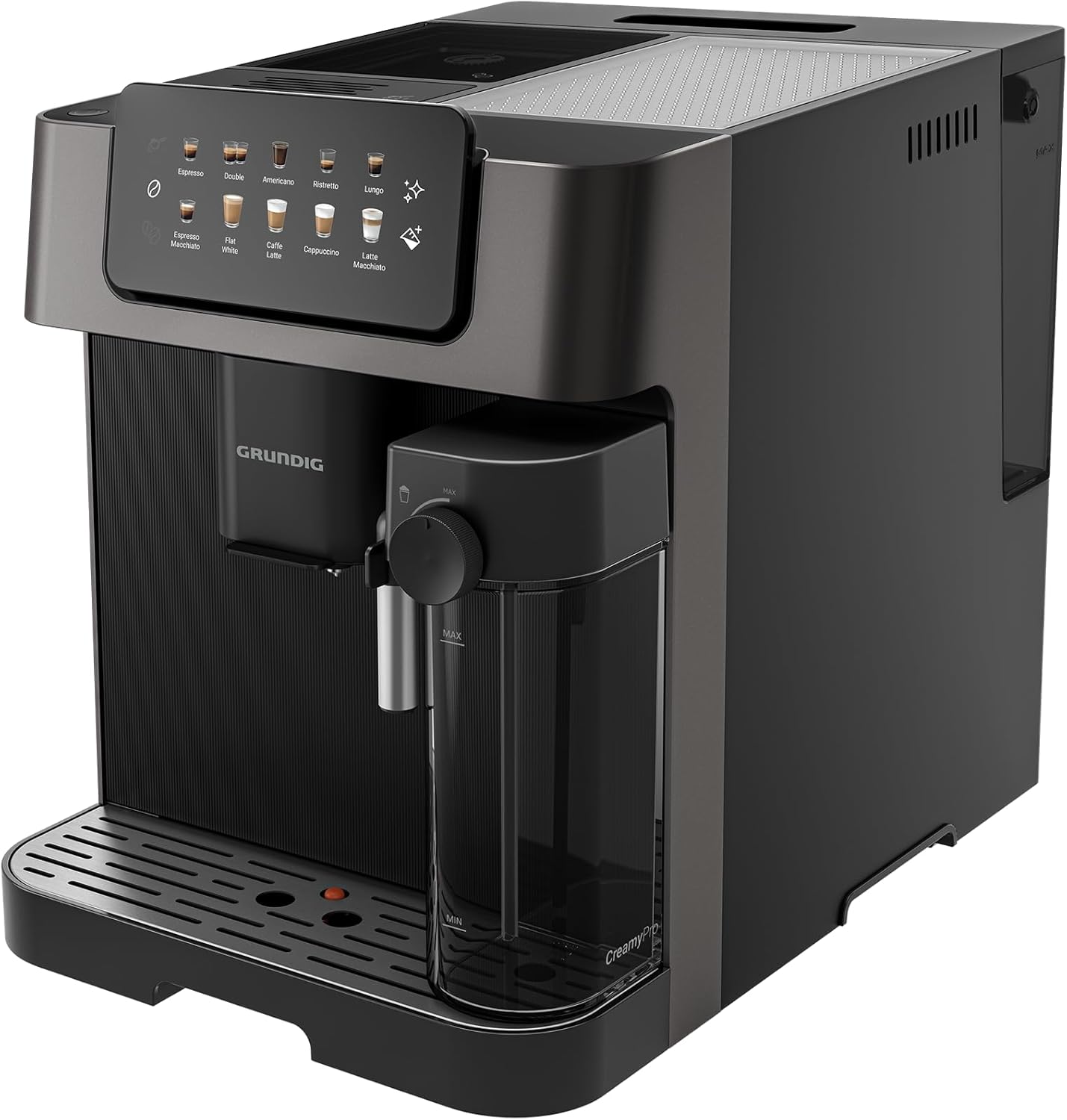 GRUNDIG KVA 7230 volautomatische koffiemachine, 10 koffiespecialiteiten, 13 maalfijnheden, melkreservoir, krachtig 1350 W, 19 bar pompdruk, dubbele uitloop, verlichting, Zwart/Donkerzilver