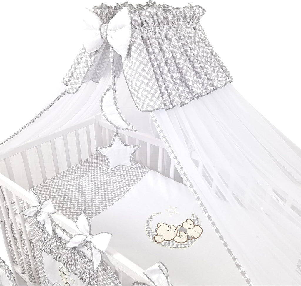 Bello24 - 16-delig babybed wieg en beddengoed compleet set Happy Leo incl. matras in hoogte verstelbaar voor pasgeborenen baby's en peuters van massief hout (Grijs - Teddybeer Maan)