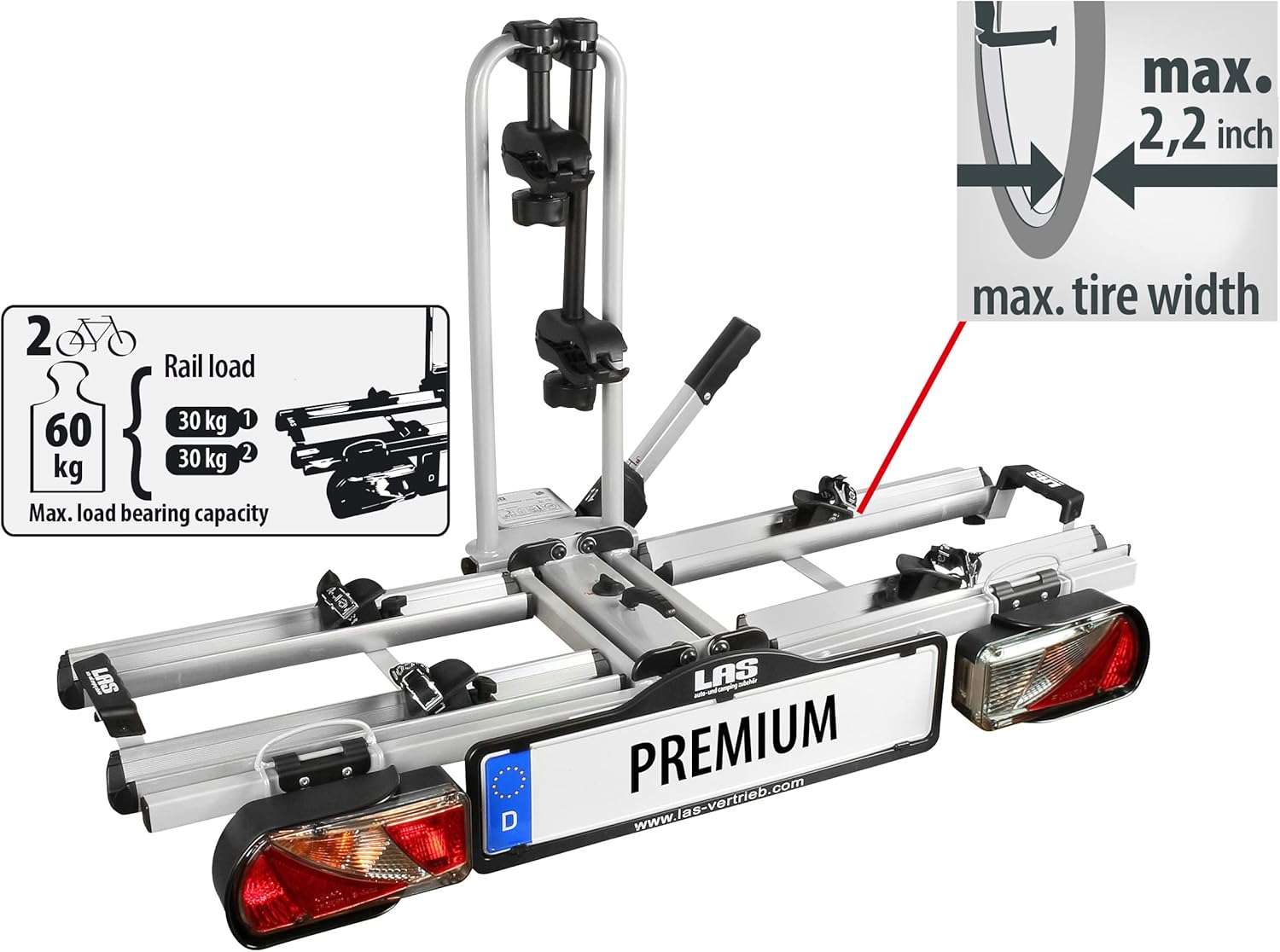 EUFAB 12010LAS fietsendrager POKER-F, geschikt voor e-bike, volledig voorgemonteerd, diefstalbeveiliging, voor 2 fietsen, voor trekhaak, zwart, 142 x 70 x 58 cm