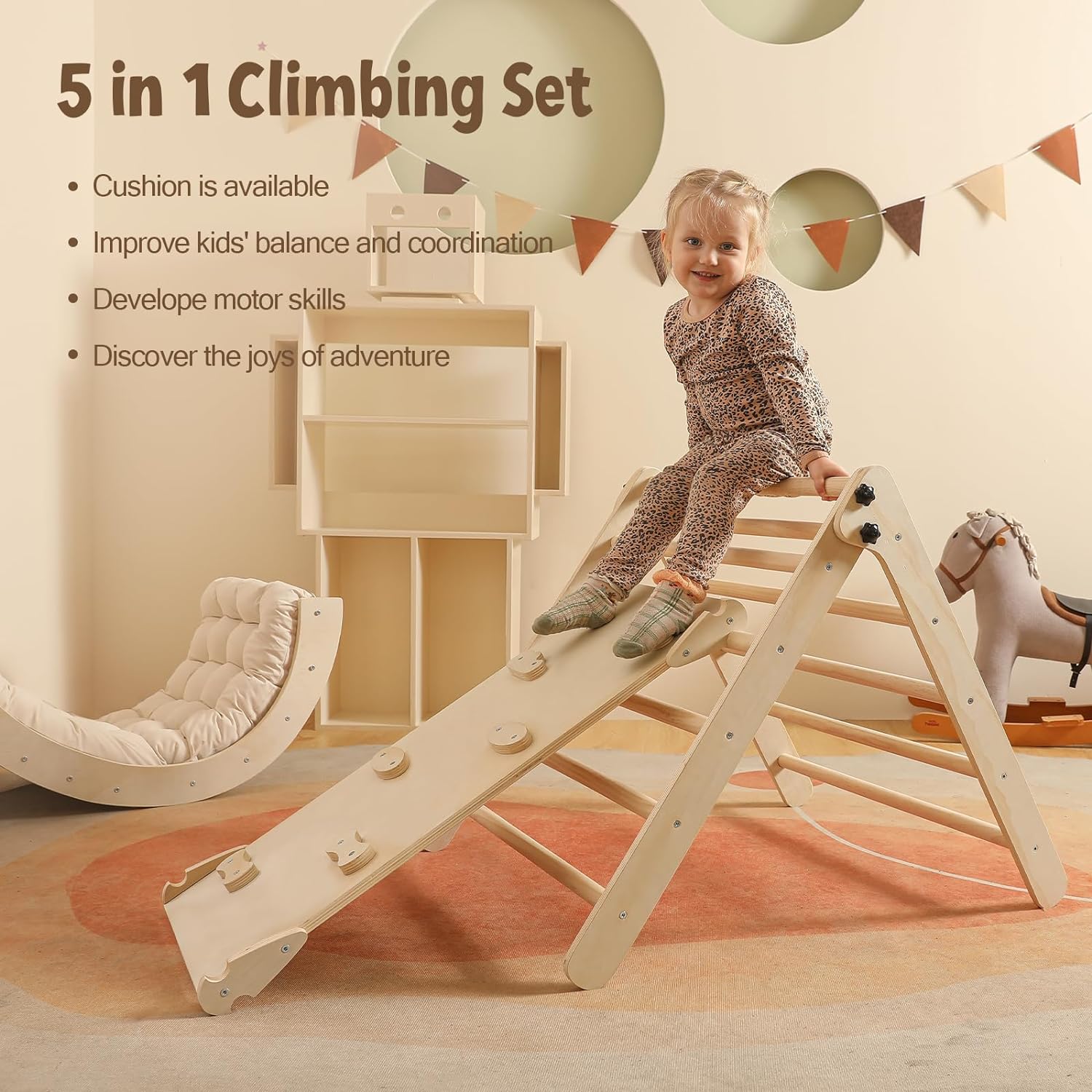 Driehoekset met kussen, 5-in-1 Montessori klimset, opvouwbaar, klim-binnenspeeltuinset voor peuters, houten klimspeelgoed met glijbaan en klimboog voor kinderen (houtkleur)