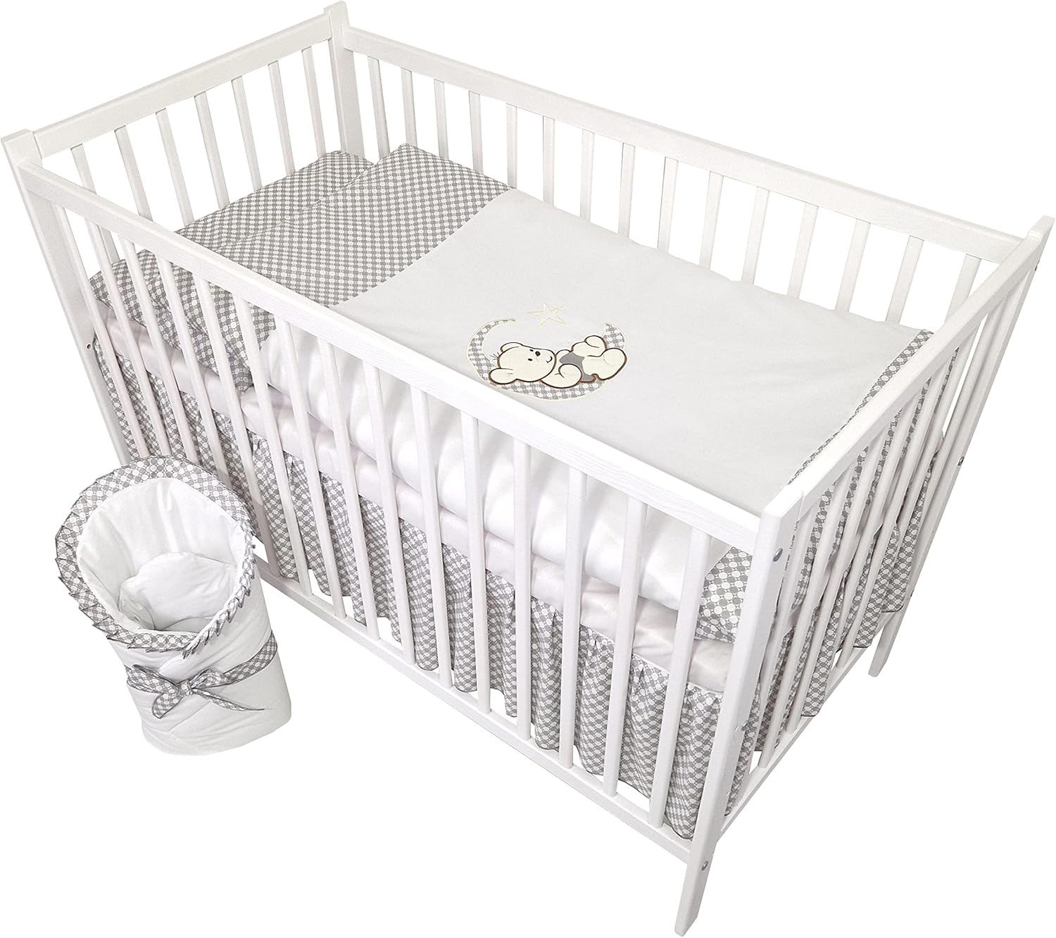 Bello24 - 16-delig babybed wieg en beddengoed compleet set Happy Leo incl. matras in hoogte verstelbaar voor pasgeborenen baby's en peuters van massief hout (Grijs - Teddybeer Maan)