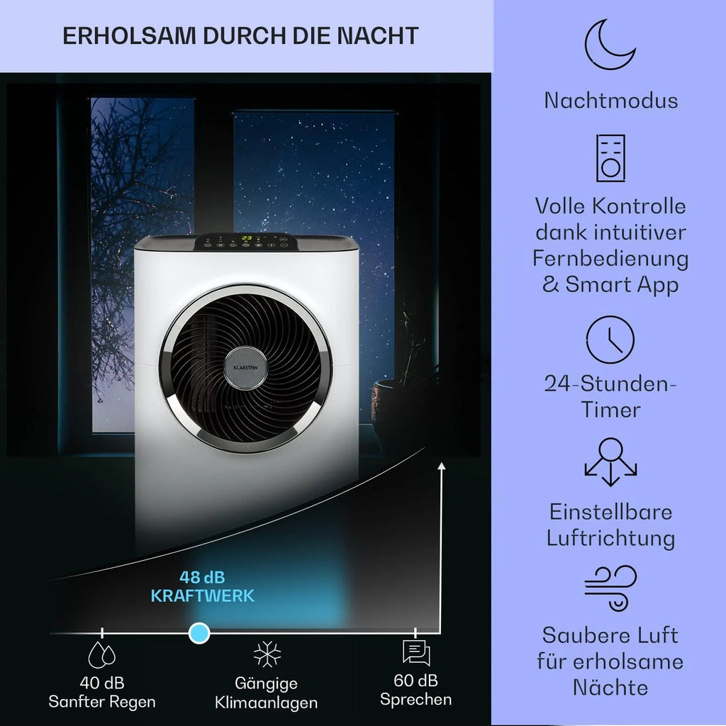 Klarstein Mobile Klimaanlage mit Abluftschlauch, 5-in-1 Klimagerät, Ventilator, Luftentfeuchter, Luftreiniger & Nachtmodus, App-Steuerung, Kleine & Portable, für Wohnung & Büro, 12000 BTU