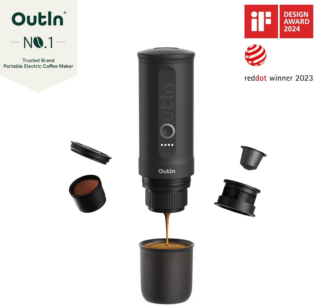OutIn Nano Draagbare Espressomachine met Batterij, voor onderweg of camping, Koffiezetapparaat to go, met elektrische zelfverwarming via USB - C, 2 in 1 voor gemalen koffie en NS - capsules