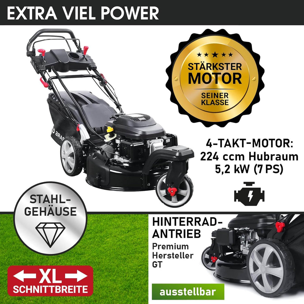 BRAST® Benzine grasmaaier Trike met aandrijving | 5,2kW (7PK) | 53cm maaibreedte | veel modellen | TÜV | 4-takt OHV motor | 30-80mm maaihoogte | 60L opvangbak | Stalen behuizing | Snelheid