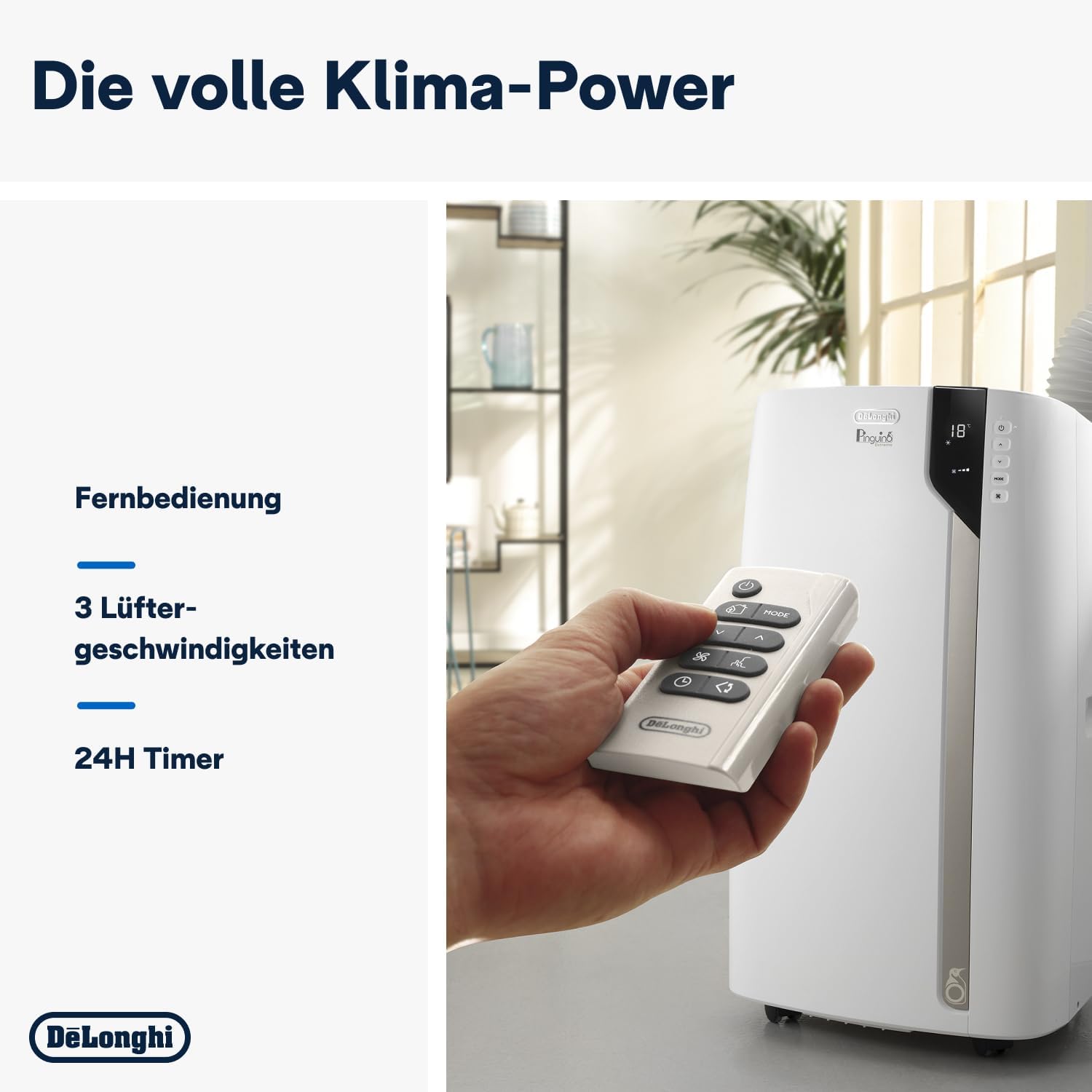 De'Longhi Pinguino PAC EM82, Mobiele airconditioner voor ruimtes tot 80 m, 9.400 BTU, 2,4 kW, 63 dB, Ontvochtigingsfunctie, Energieklasse A, 24-uurs timer, Wit