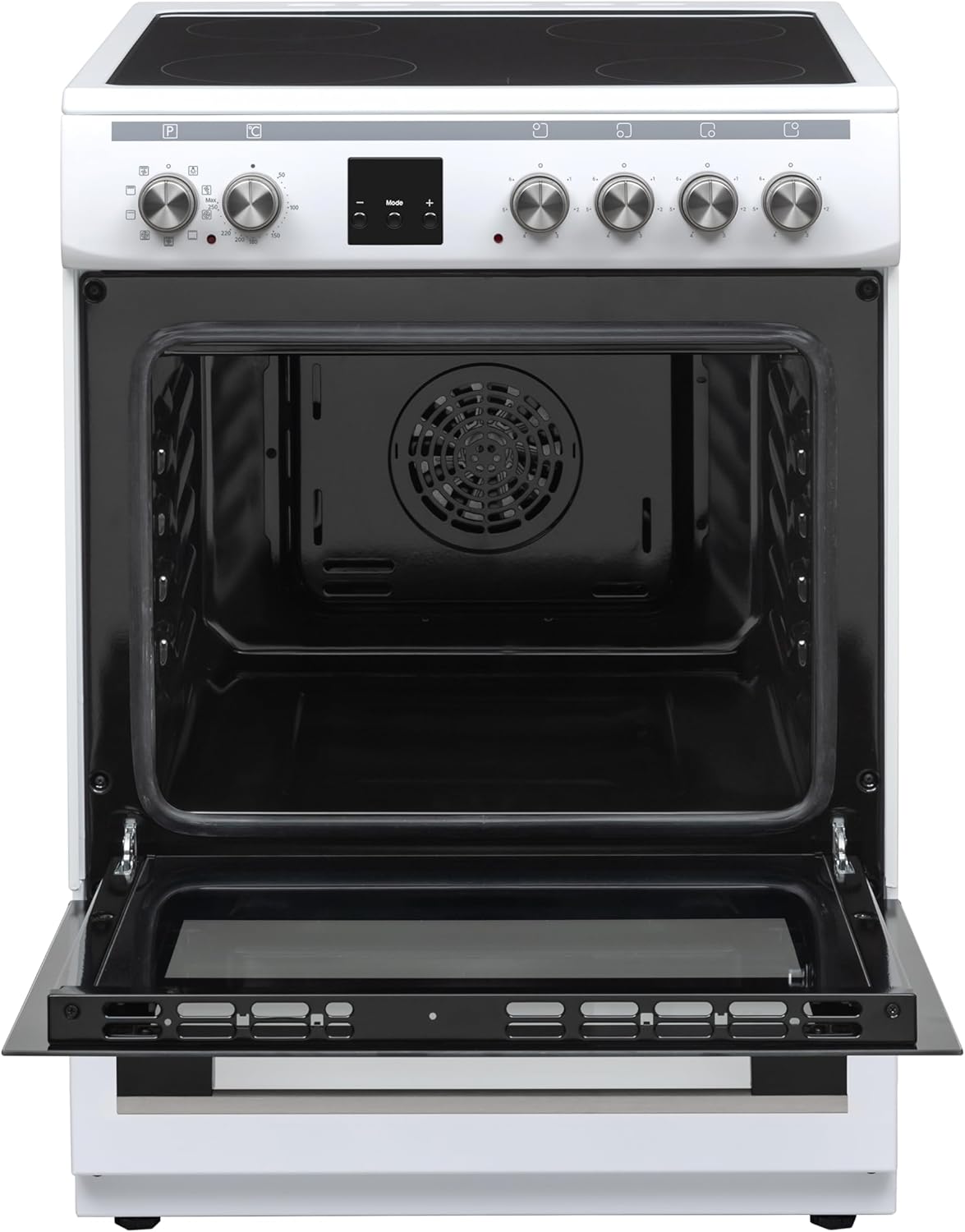 Daewoo F6EV22WL3DE Vrijstaand fornuis met glaskeramische kookplaat, A, Ovenvolume: 65 L, 8 verwarmingsfuncties met boven-/onderwarmte, Gemakkelijk te reinigen emaille, 4 kookzones, Wit