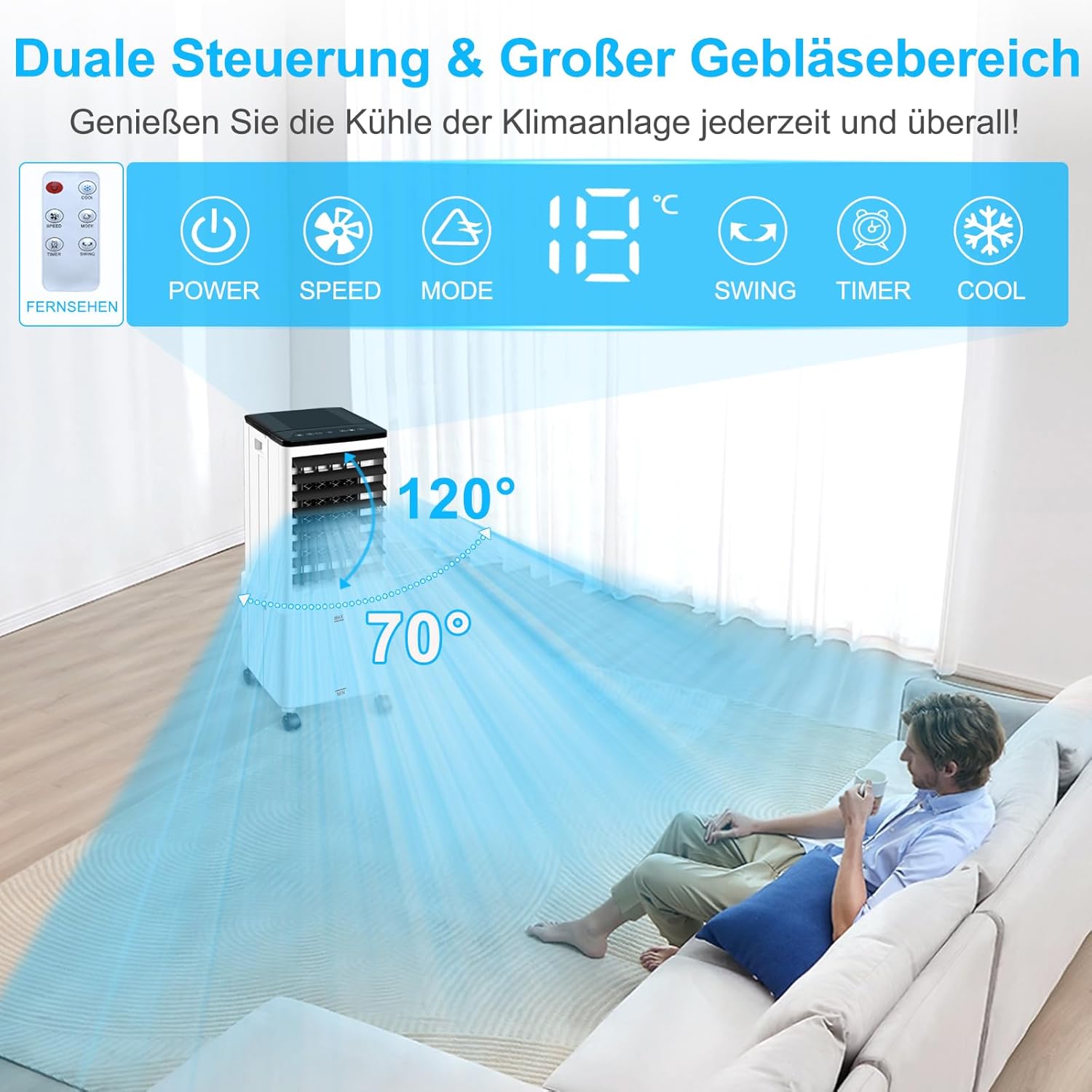 Airconditioner zonder afvoerslang, 12L 60W Mobiele Airconditioner met 12H Timer, 3 Modi, 40dB, 120° Oscillatie, Afneembare Watertank, Afstandsbediening, Stille Luchtkoeler Air Conditioner voor Woning Kamer Ruimtes