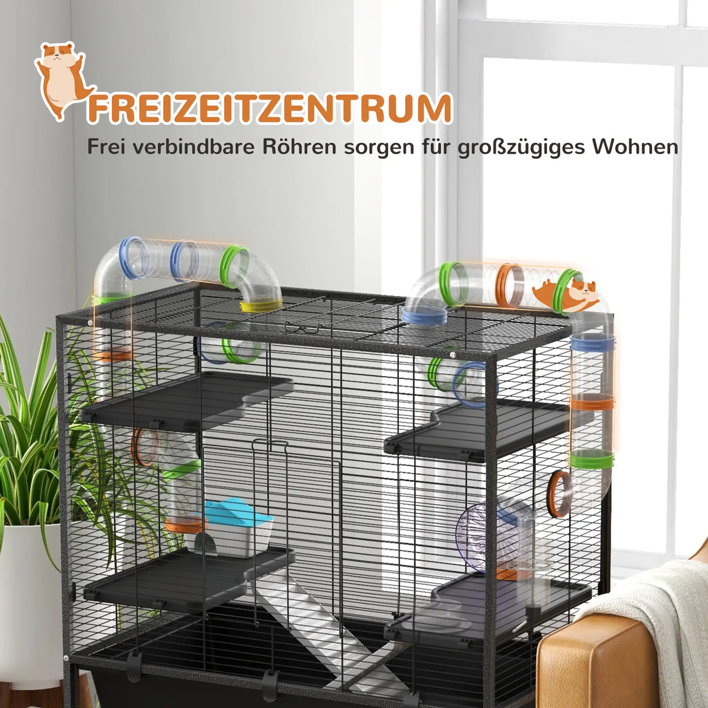 PawHut Hamsterkooi Knaagdierkooi met Buizen Loopwiel Wieltjes Opbergplank