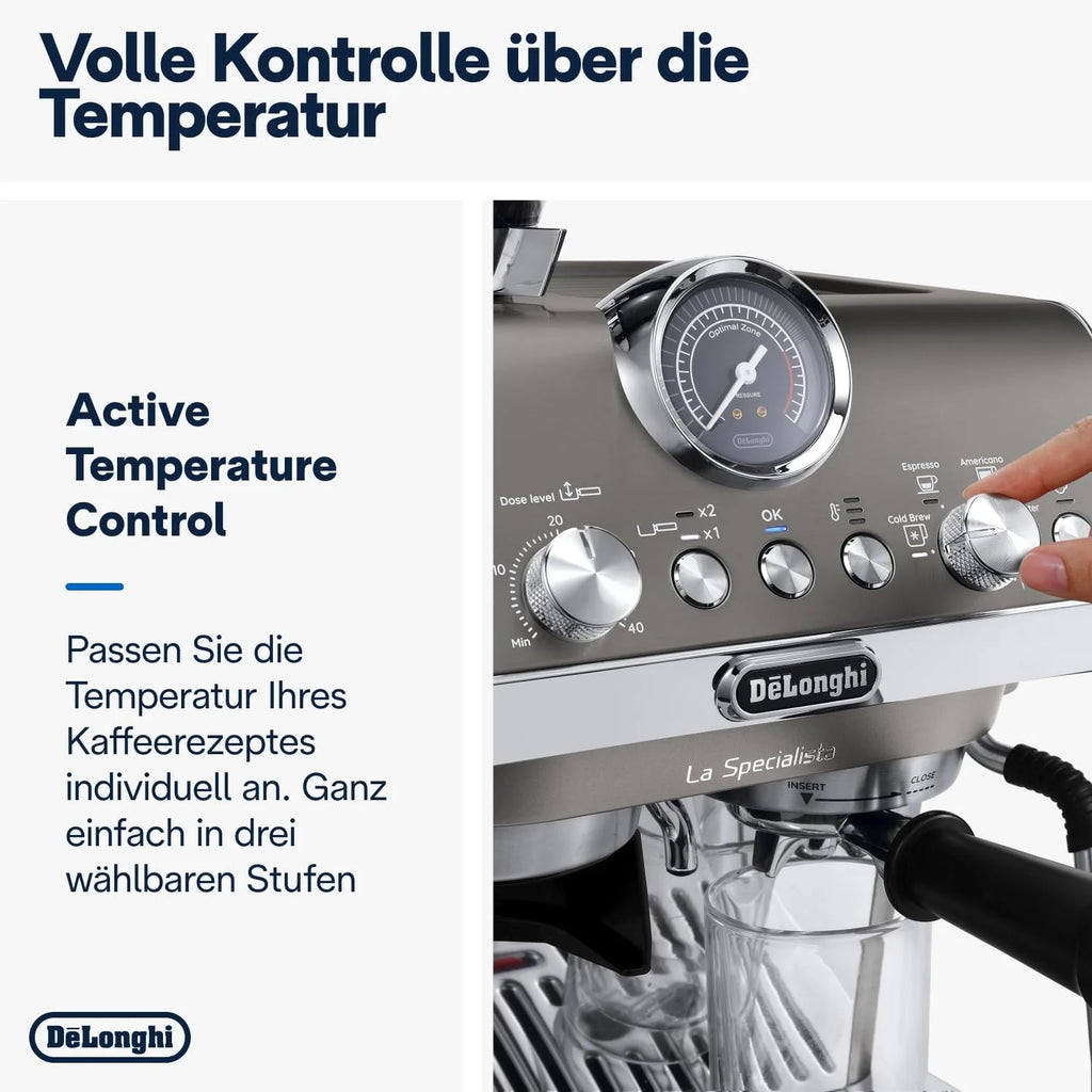 De'Longhi La Specialista Arte EC9155.MB Siebtrgermaschine, Espressomaschine mit Mahlwerk, 8 Mahlgrade, 15 Bar, 3 Temperaturen, Milchschaumdüse, 1300 W, 1,5 l Tank, Edelstahl/Schwarz inkl. Barista-Kit