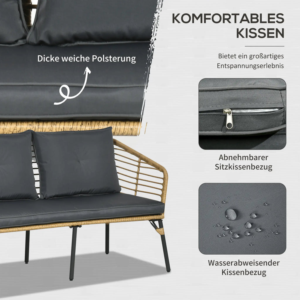 Outsunny Polyrattan Tuinbankset 4-delig. Boho-stijl Glazen Salontafel