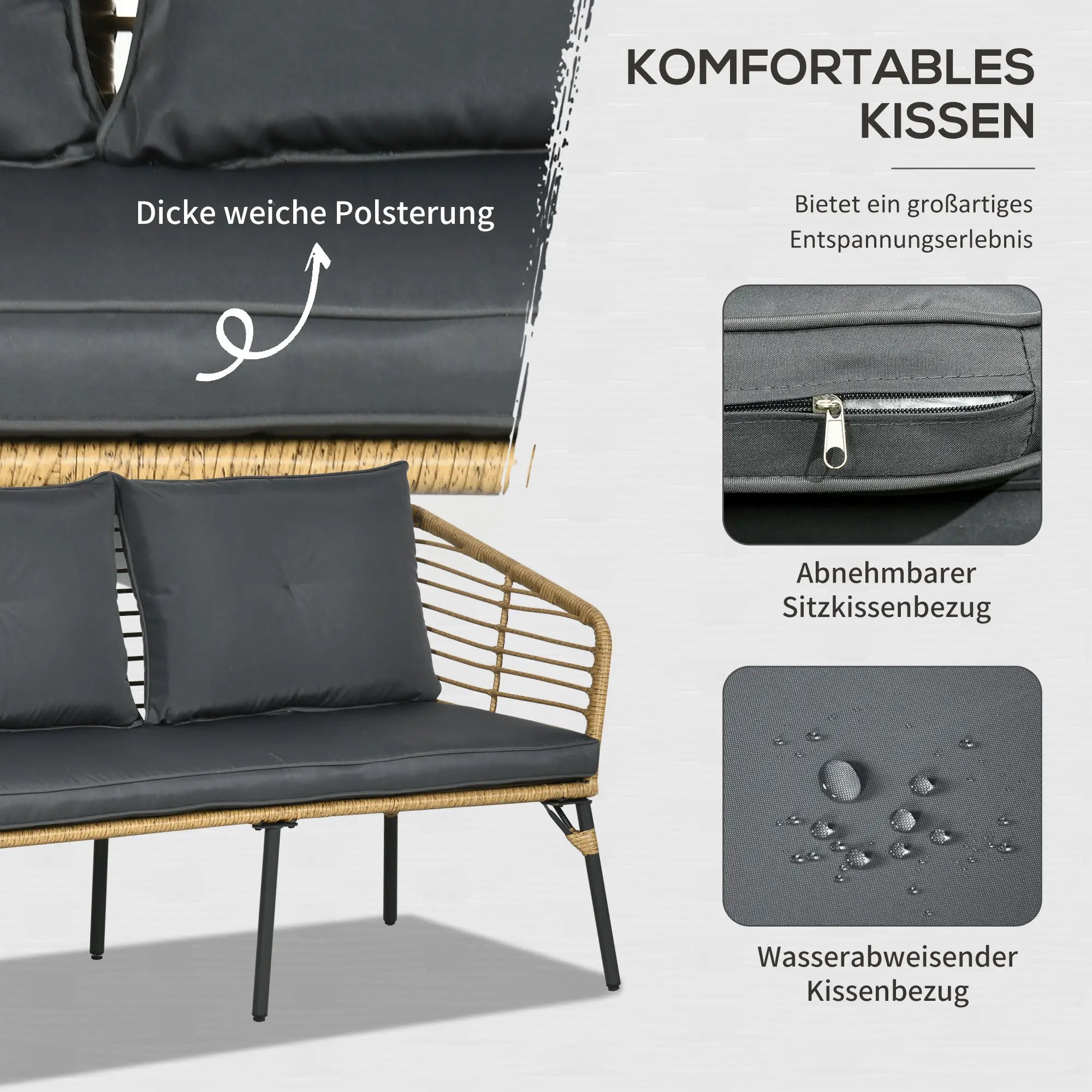 Outsunny Polyrattan Tuinbankset 4-delig. Boho-stijl Glazen Salontafel