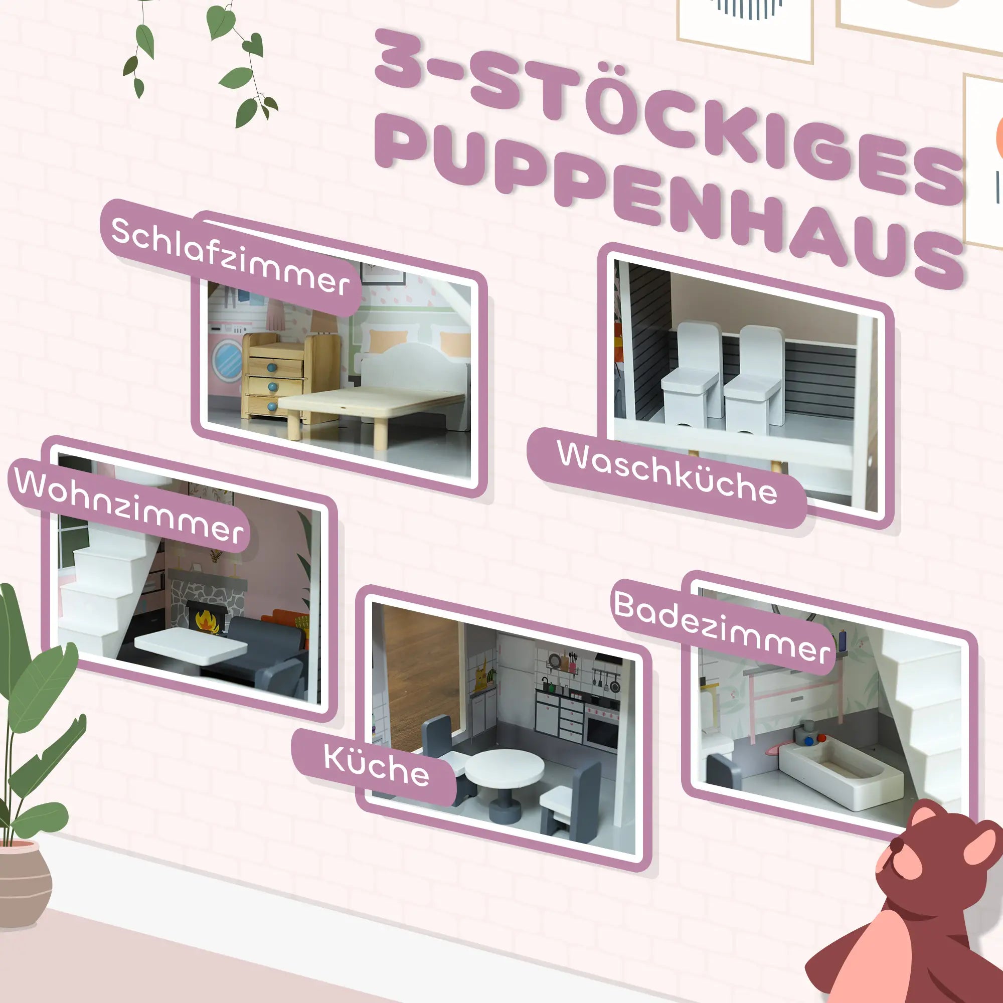 AIYAPLAY Houten poppenhuis 3 verdiepingen met 13 meubels open spel