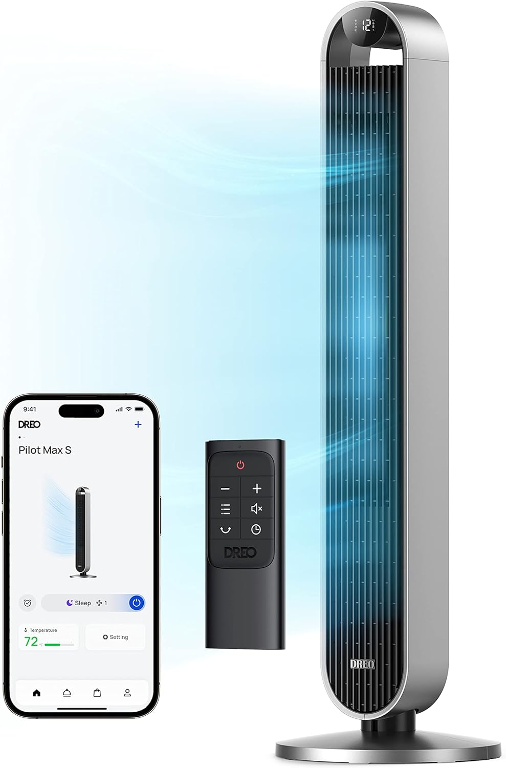 Dreo 25dB Stille Slimme Torenventilator met Spraakbesturing, WiFi Alexa Ventilator, APP Bediening, 120° Oscillerende Staande Ventilator, 12 Snelheden, 4 Modi, 12-uurs Timer, Pilot Max S