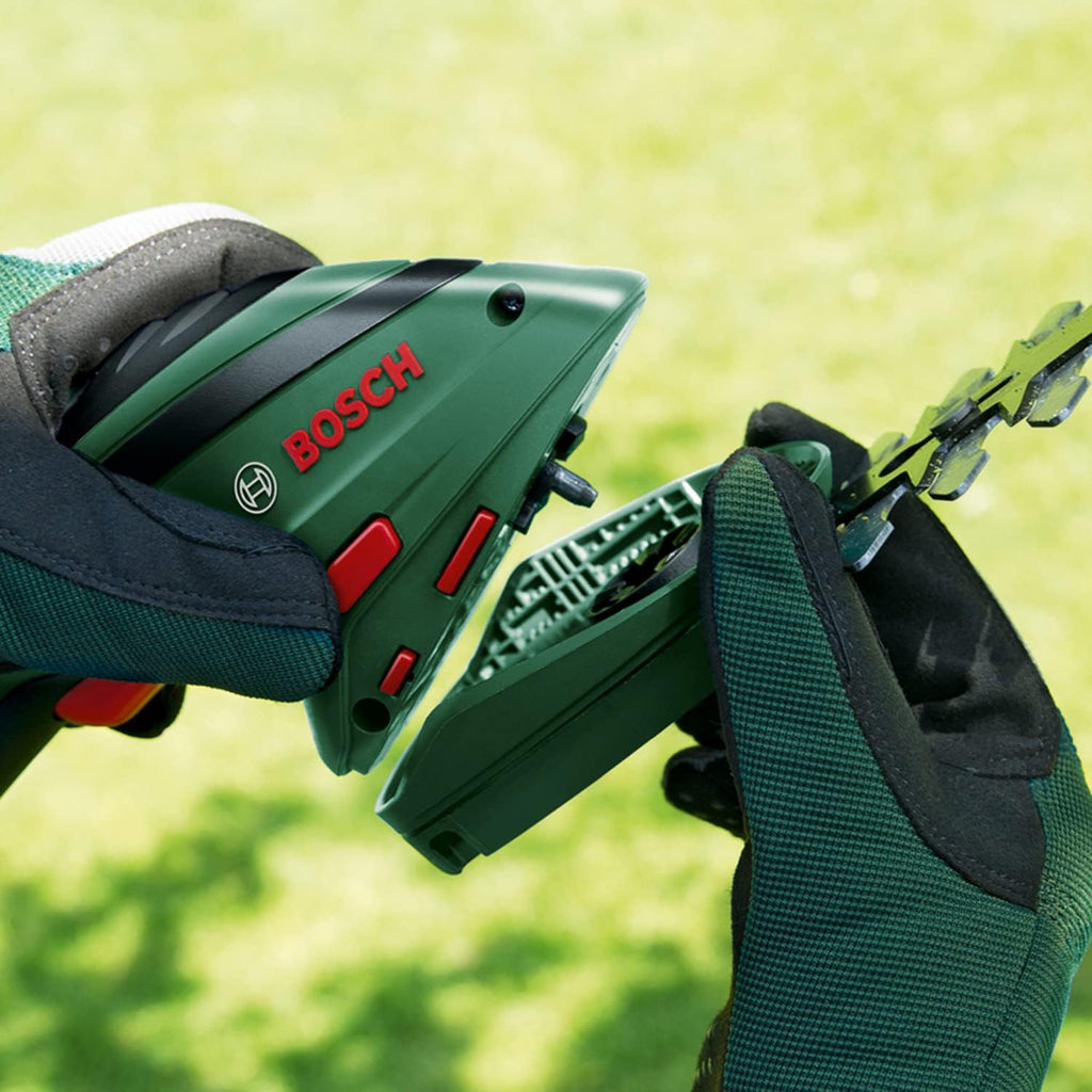 Bosch accugrasscharenset Isio (3,6 volt, meslengte 12 cm, mesafstand 8 mm, inclusief XL-tuinhandschoenen, in softcase) – Amazon Edition