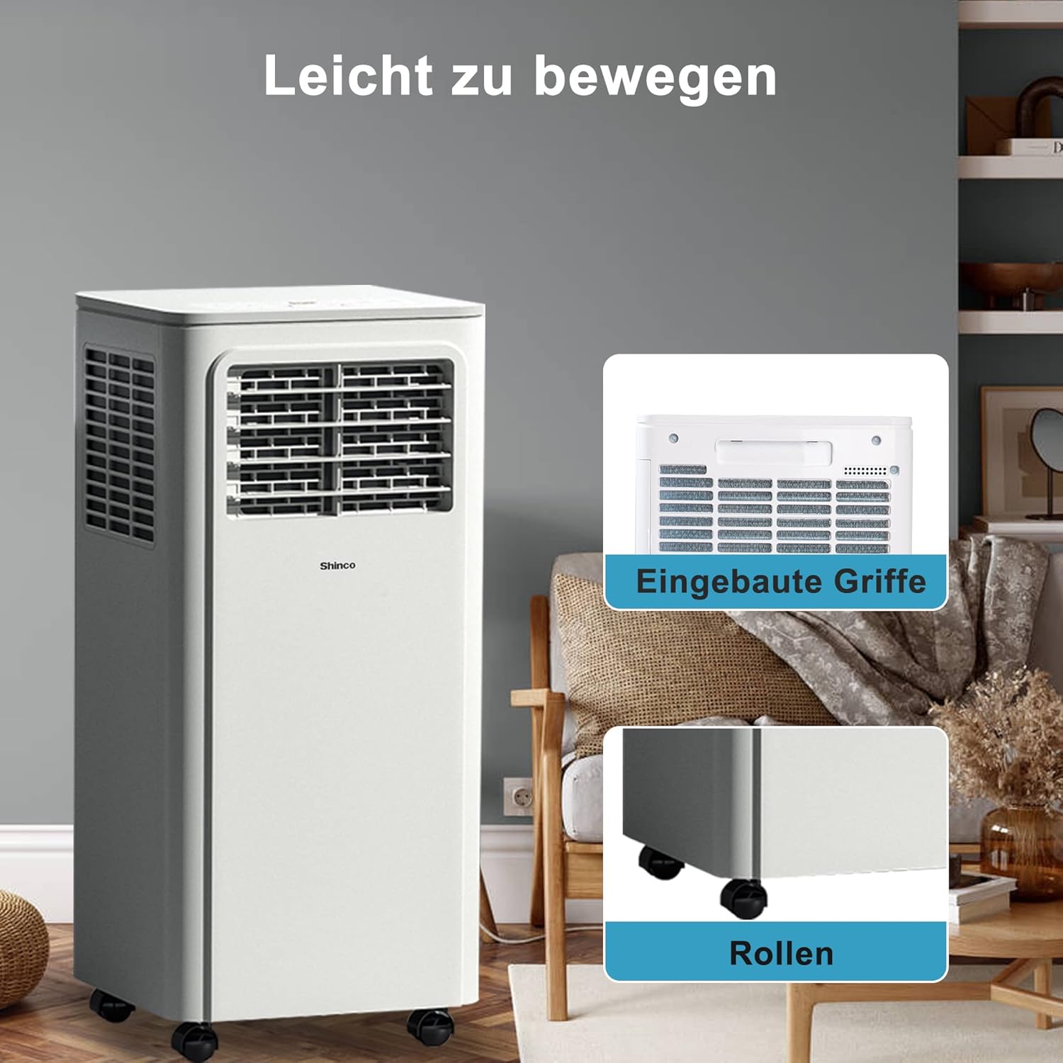 SHINCO Mobiele airconditioning met luchtafvoerslang, 9000 BTU, 2,6 kW, Koelen&Ventileren&Ontvochtigen, Mobiel airco-apparaat met slaapstand, Ruimte tot 22㎡, 24-uurs timer