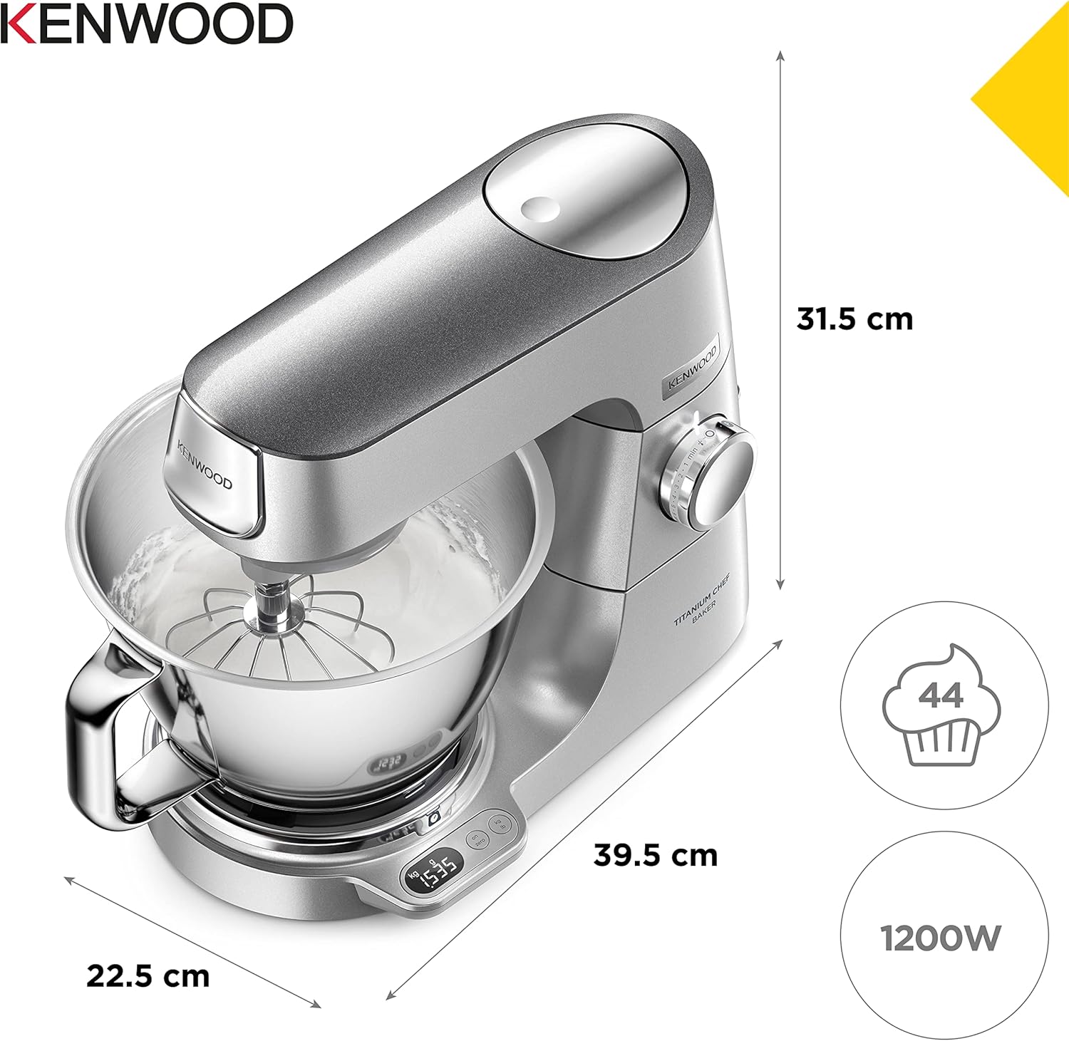 Kenwood Titanium Chef Baker KVL85.424SI Keukenmachine met geïntegreerde weegschaal, incl. 4-delige patisserie set, 7 L en 5 L mengkom, traploze snelheidsregeling, 1200 W, zilver