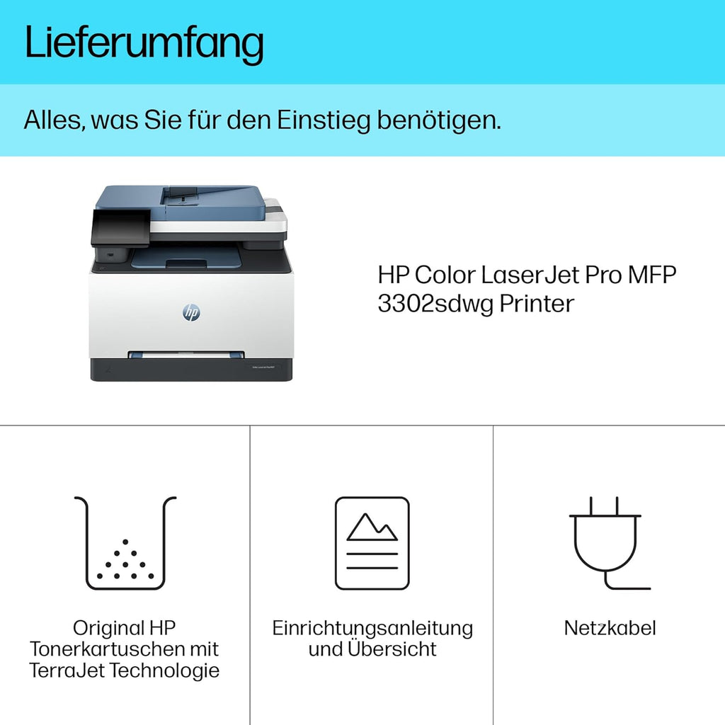 HP Color LaserJet Pro MFP 3302fdwg multifunctionele kleurenlaserprinter, fax, automatisch dubbelzijdig afdrukken, touchscreen, wifi, ethernet, USB, HP Wolf Pro Security