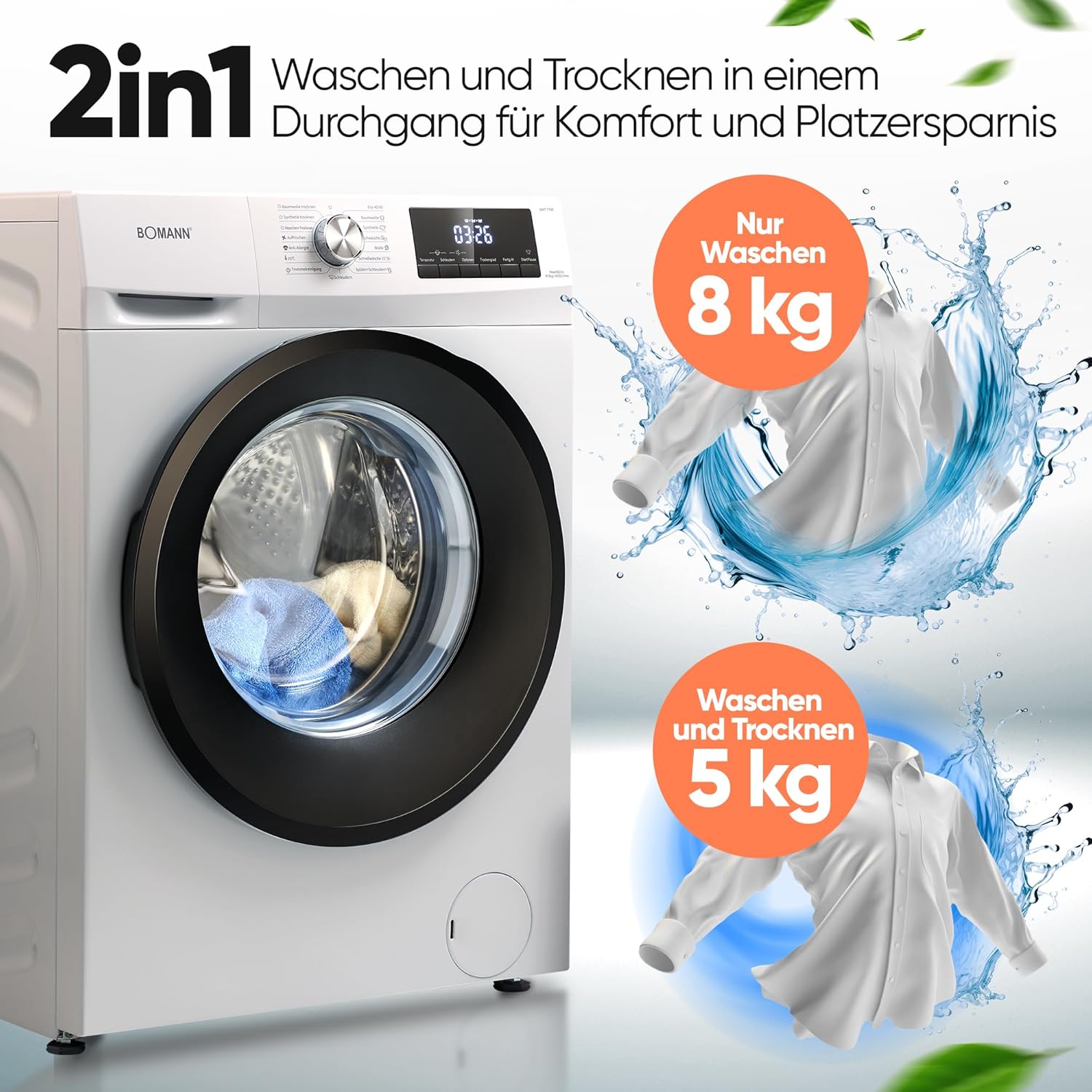 Bomann® Wasdroogcombinatie | Wassen en drogen in één cyclus | 8 kg wassen, 5 kg drogen | Inverter motor | 1400 tpm | Stoomfunctie | Geïntegreerde wasmachine met droger | WAT 7186 wit