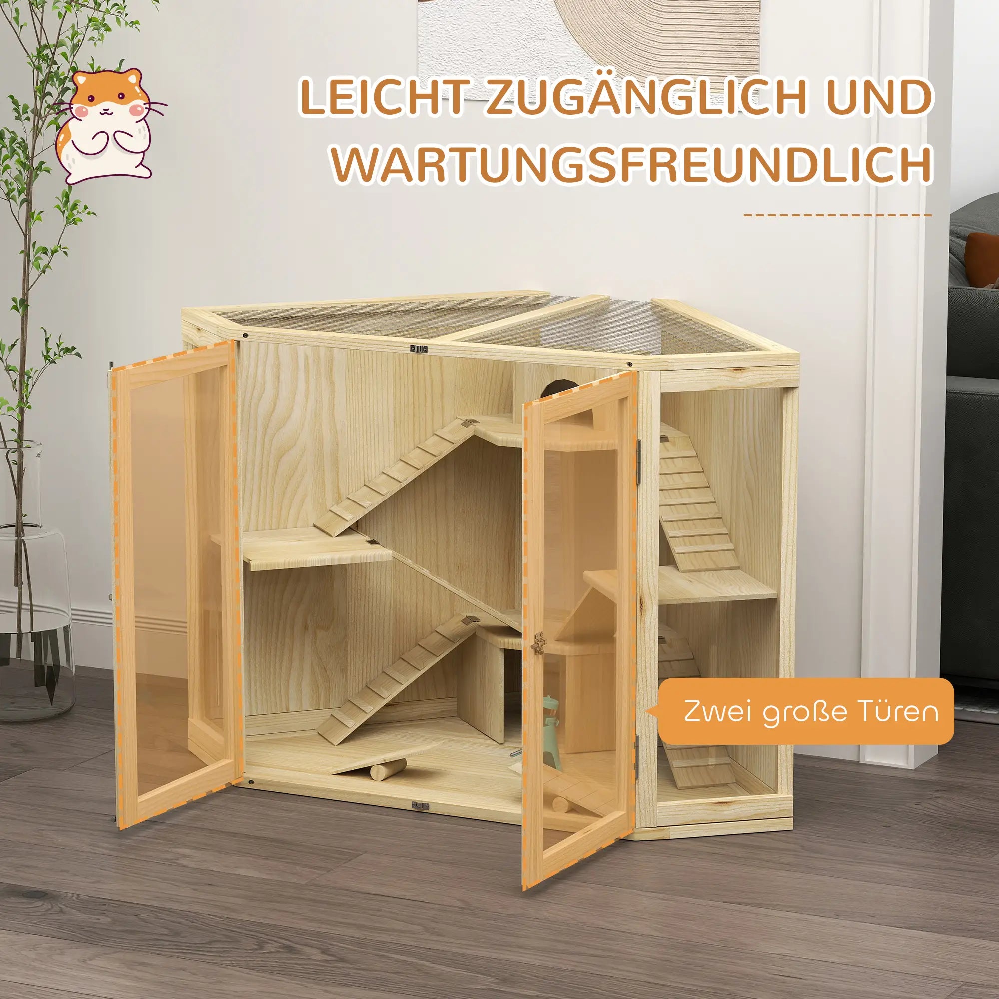 PawHut Hamsterkooi Hout 4 Verdiepingen met Accessoires en Kijkvenster