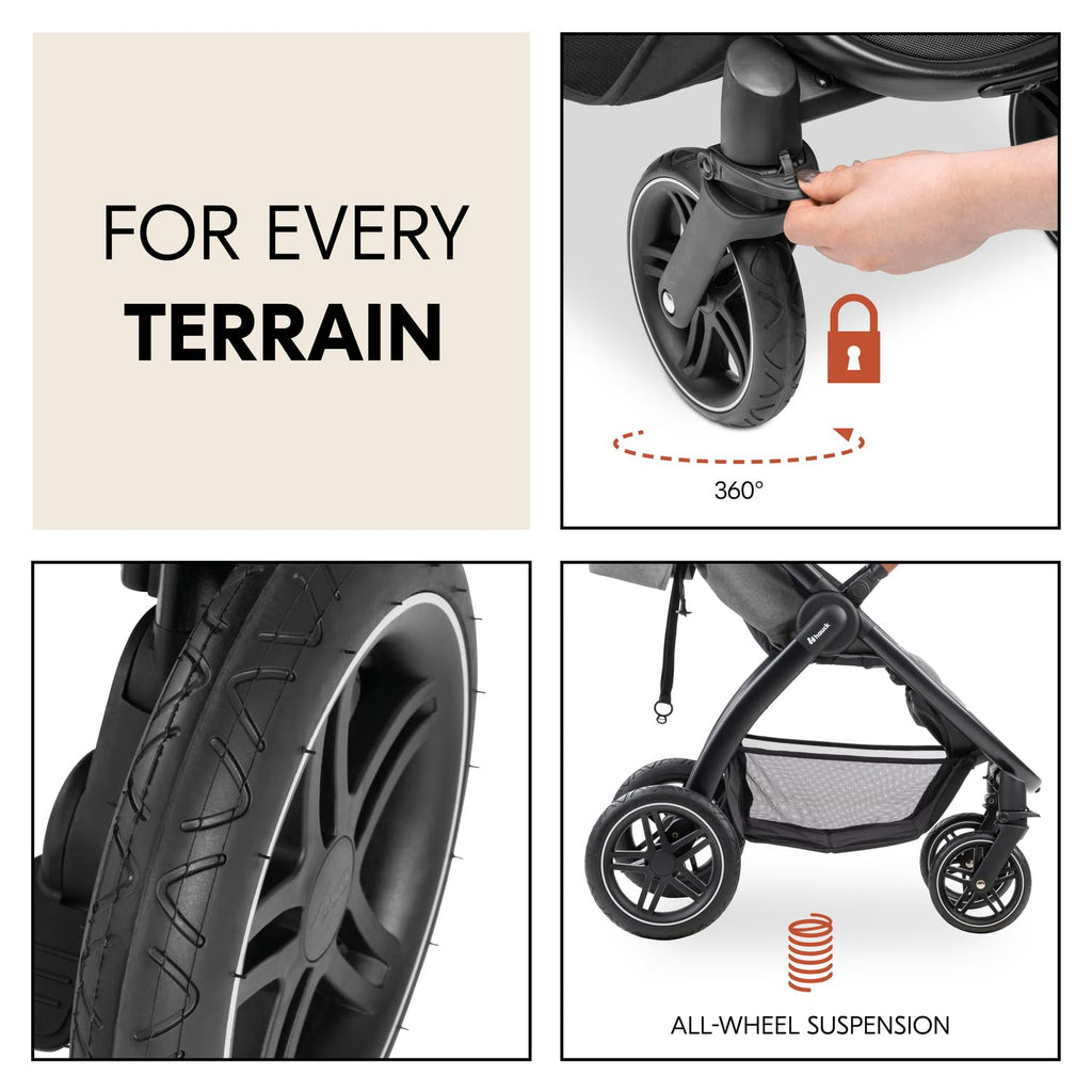 Hauck Uptown Kinderwagen Melange Rose – wandelwagen voor elk terrein, extra grote zitting, vlakke ligstand, rubberen wielen, vering, compact en eenvoudig inklapbaar, met regenhoes
