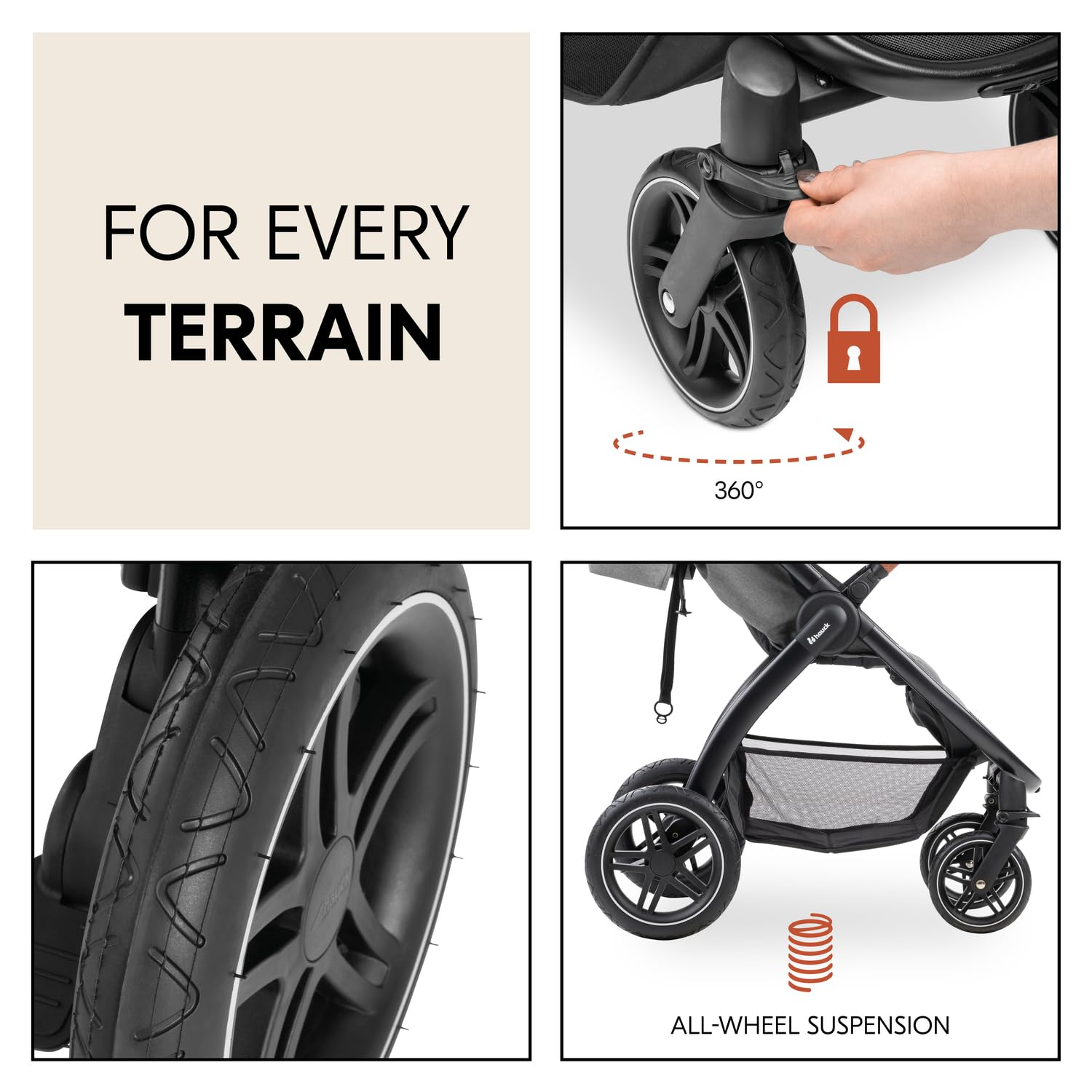 Hauck Uptown Kinderwagen Melange Rose – wandelwagen voor elk terrein, extra grote zitting, vlakke ligstand, rubberen wielen, vering, compact en eenvoudig inklapbaar, met regenhoes