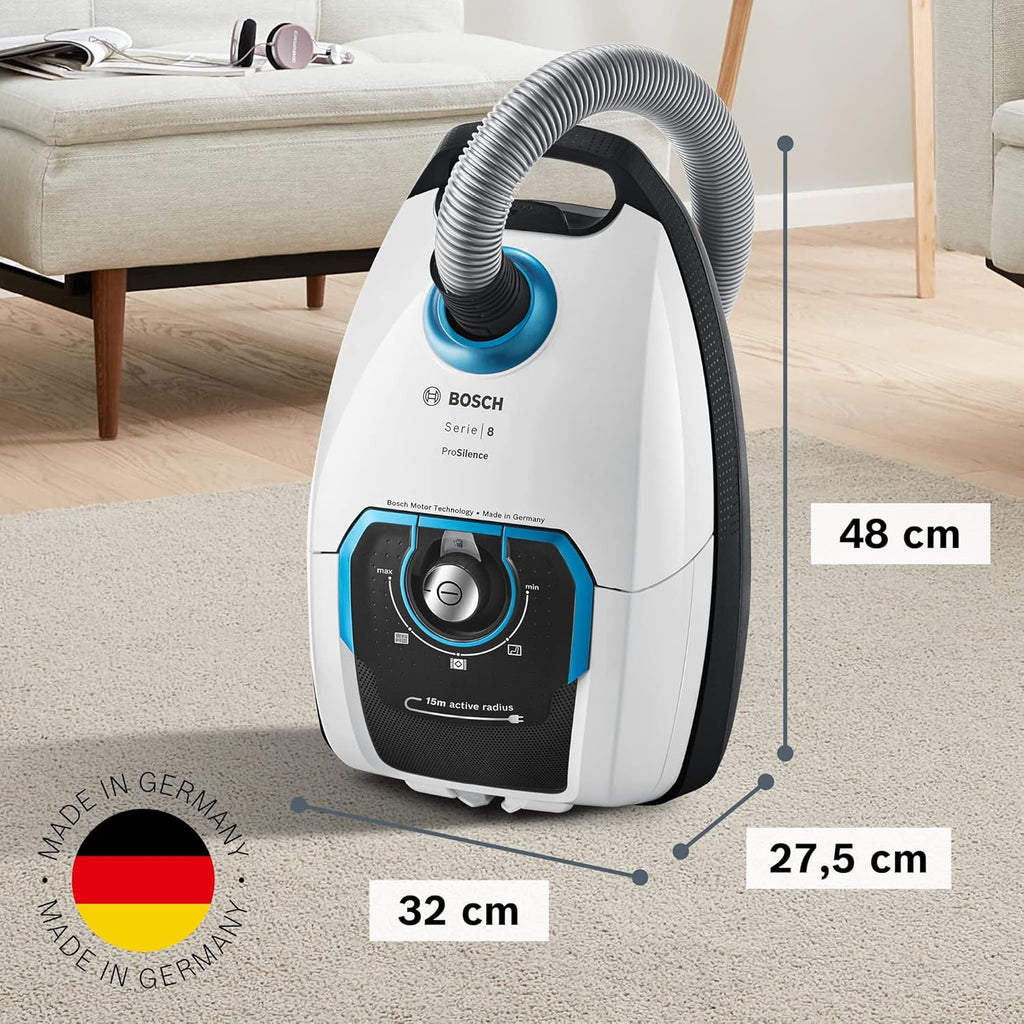 Bosch Stofzuiger met zak Serie 8 BGB75X494, sledestofzuiger, ideaal voor mensen met allergieën, hygiënefilter, vloermondstuk voor parket, tapijt, tegels, lange kabel, stil, 650 W, blauw