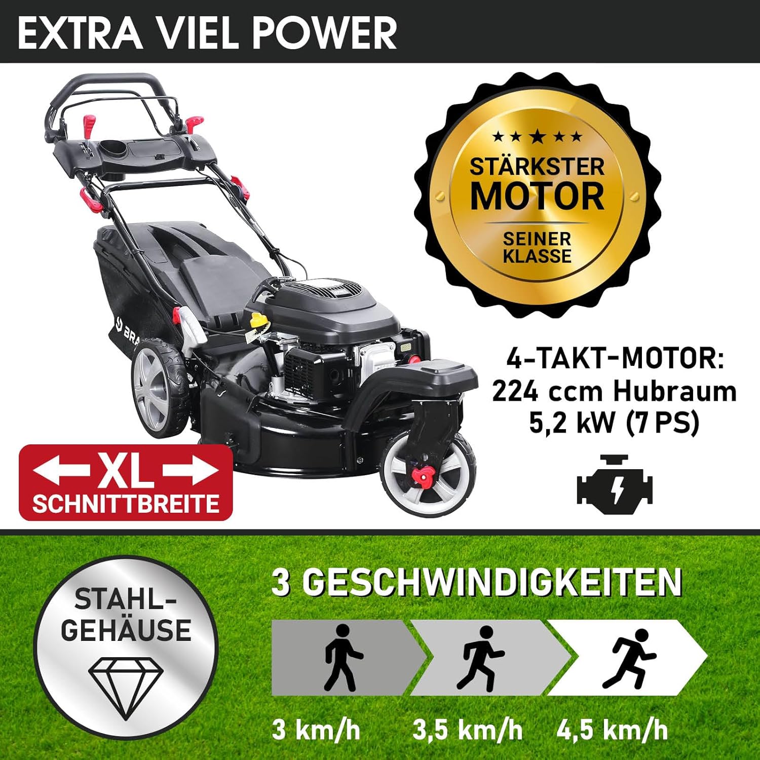 BRAST® Benzine grasmaaier Trike met aandrijving | 5,2kW (7PK) | 53cm maaibreedte | veel modellen | TÜV | 4-takt OHV motor | 30-80mm maaihoogte | 60L opvangbak | Stalen behuizing | Snelheid