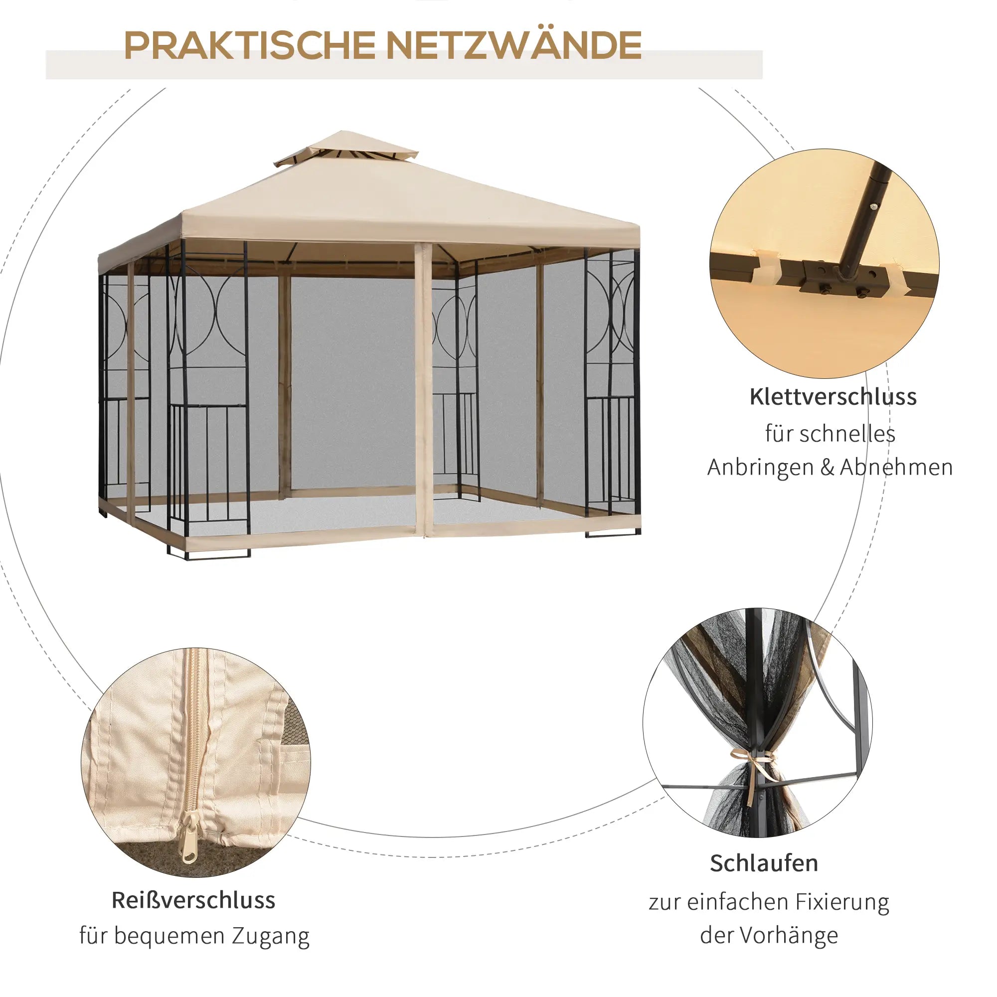 Outsunny Tuinpaviljoen Dubbel Dak met Schappen en Net-Zijwanden