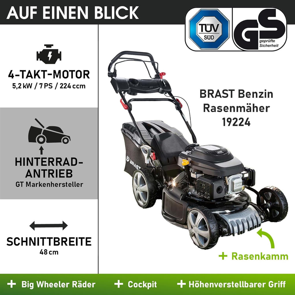 BRAST Benzin grasmaaier met aandrijving | 5,2kW(7PK) | elektrische start | 48cm snijbreedte | vele modellen | TÜV | 4-takt OHV motor | 30-80mm maaihoogte | 60L opvangbak | stalen behuizing | 19224 ESTART Speed